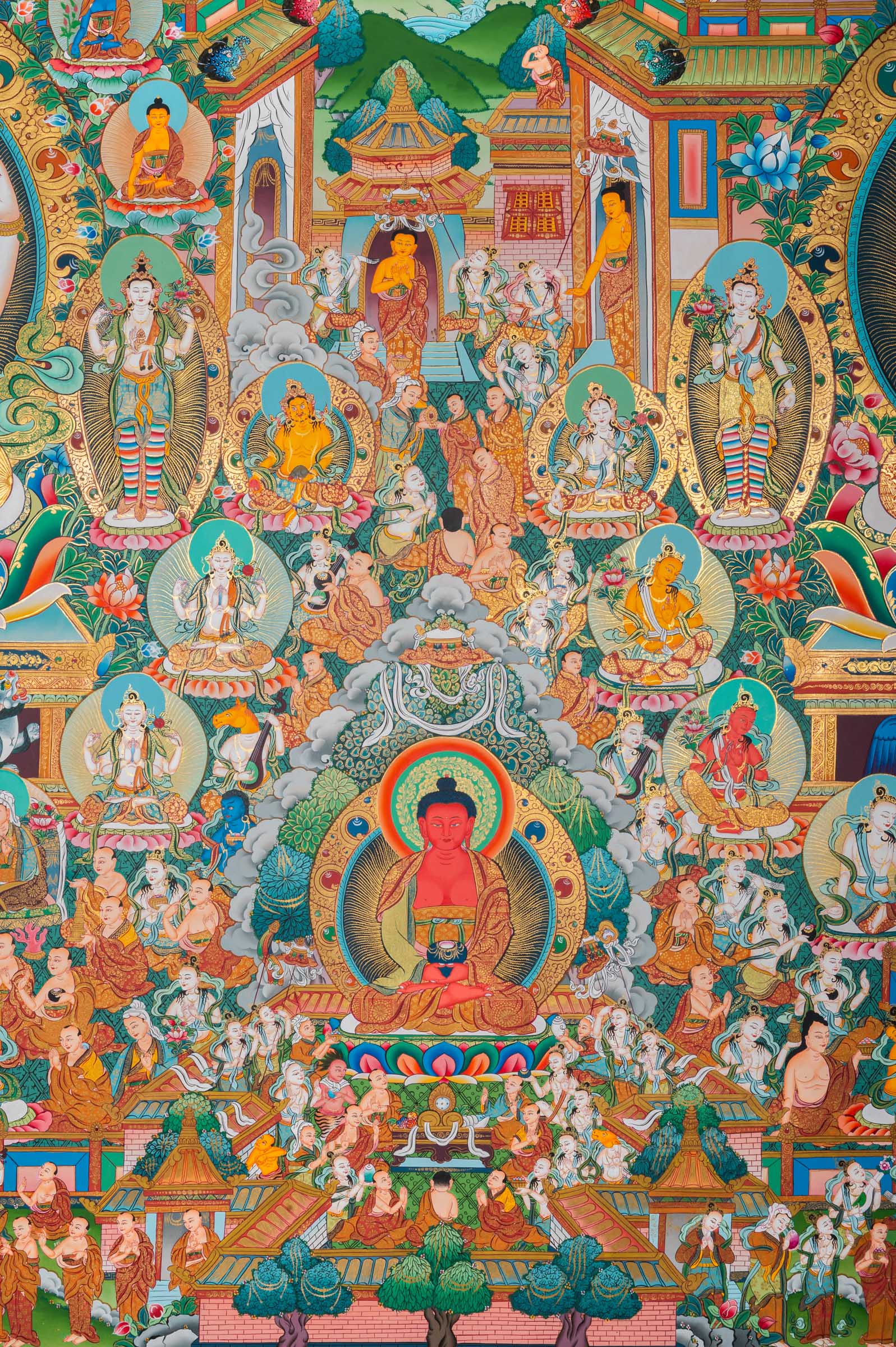 Panoramic Tibetan Buddhist thangka depicting Amitābha Buddha seated at the center on a lotus throne holding an alms bowl, flanked by Avalokiteśvara (Chenrezig) and Green Tārā, within the celestial Pure Land of Sukhāvatī filled with ornate palace architecture, lotus pavilions, offering goddesses, bodhisattvas, disciples, celestial musicians, and devotees, richly hand-painted in traditional Tibetan style using natural mineral pigments.