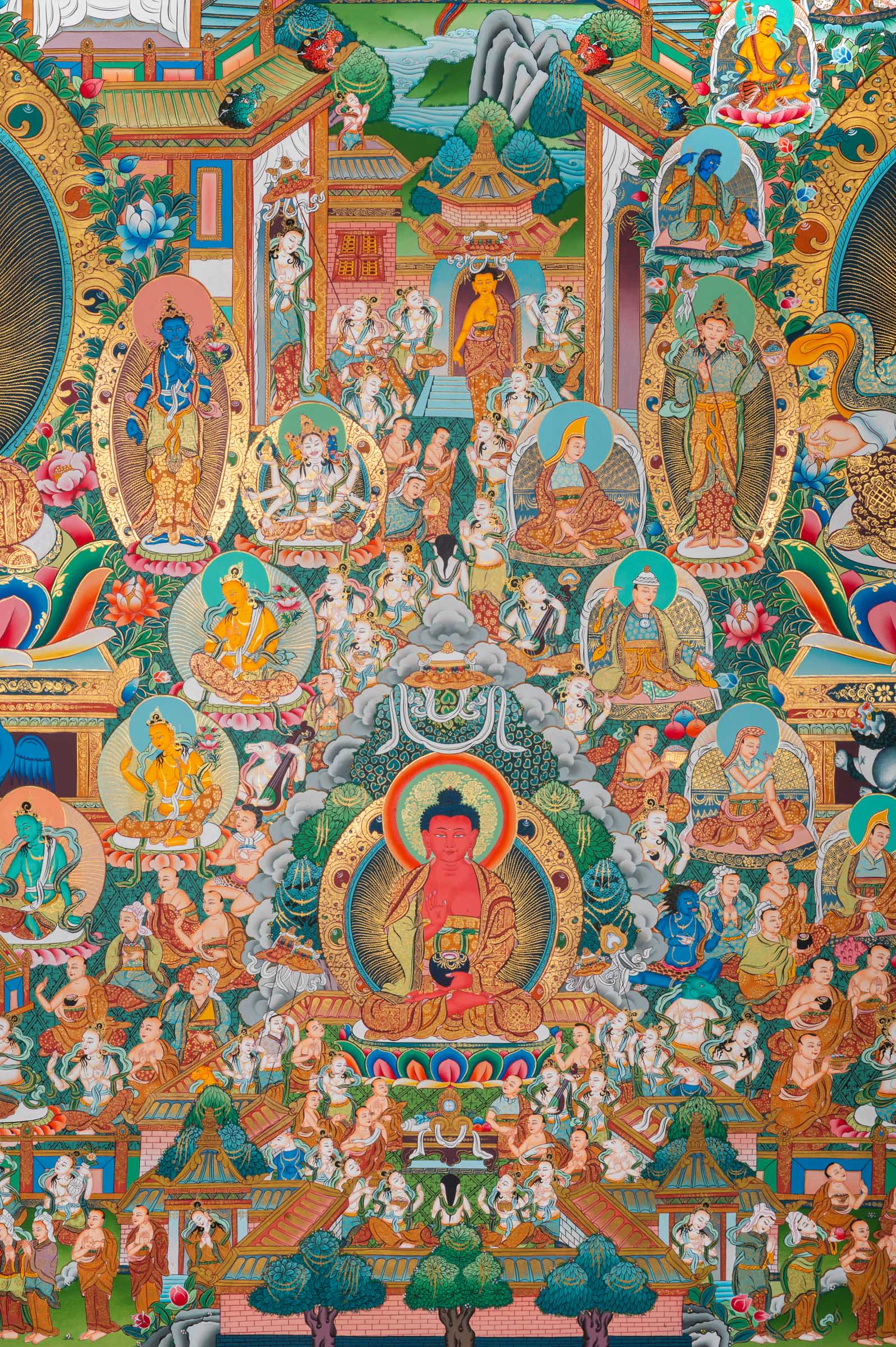 Panoramic Tibetan Buddhist thangka depicting Amitābha Buddha seated at the center on a lotus throne holding an alms bowl, flanked by Avalokiteśvara (Chenrezig) and Green Tārā, within the celestial Pure Land of Sukhāvatī filled with ornate palace architecture, lotus pavilions, offering goddesses, bodhisattvas, disciples, celestial musicians, and devotees, richly hand-painted in traditional Tibetan style using natural mineral pigments.