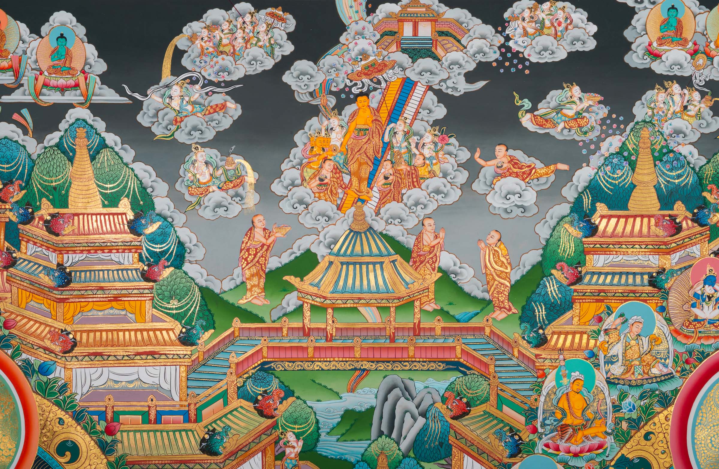Panoramic Tibetan Buddhist thangka depicting Amitābha Buddha seated at the center on a lotus throne holding an alms bowl, flanked by Avalokiteśvara (Chenrezig) and Green Tārā, within the celestial Pure Land of Sukhāvatī filled with ornate palace architecture, lotus pavilions, offering goddesses, bodhisattvas, disciples, celestial musicians, and devotees, richly hand-painted in traditional Tibetan style using natural mineral pigments.