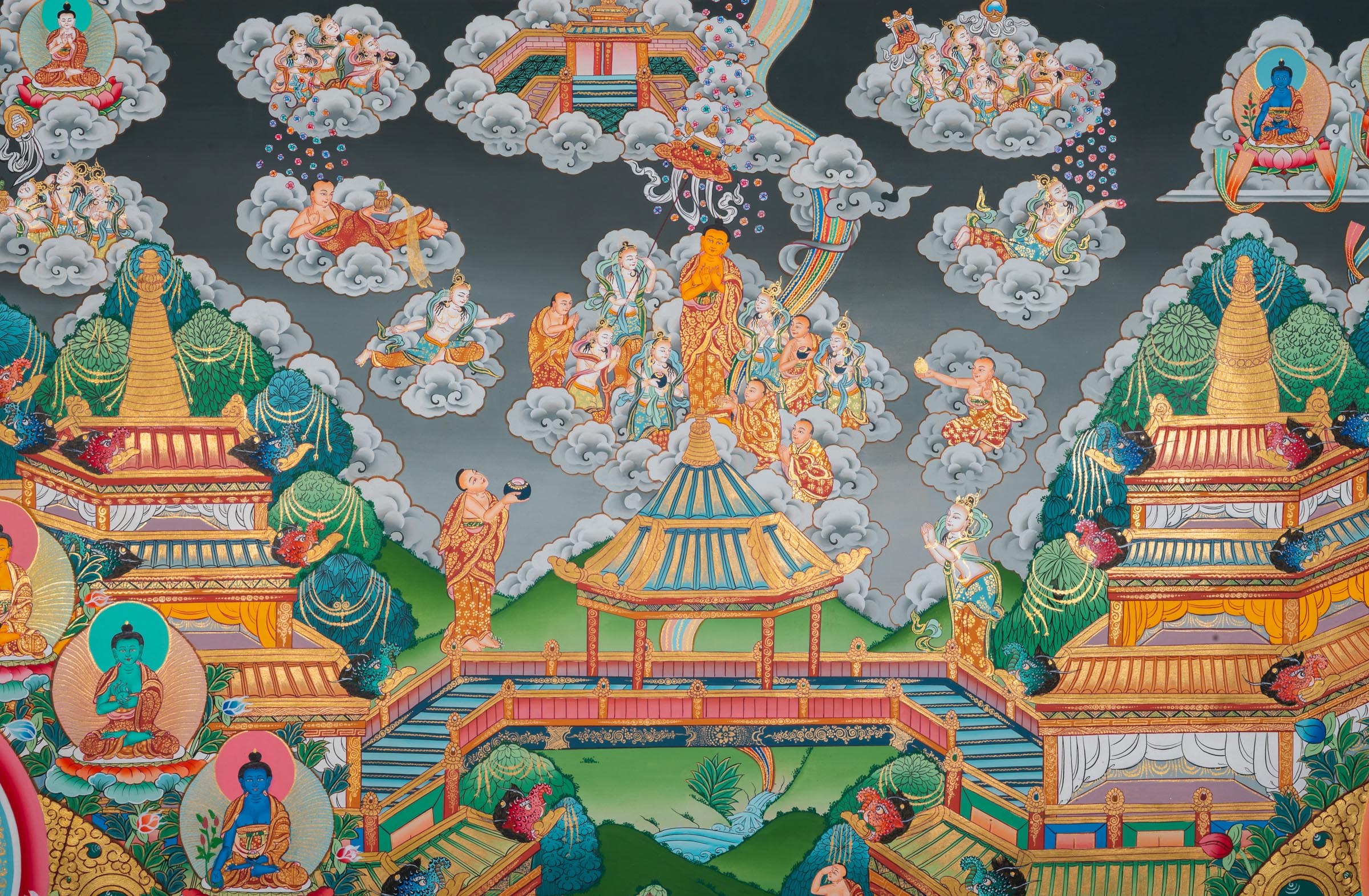 Panoramic Tibetan Buddhist thangka depicting Amitābha Buddha seated at the center on a lotus throne holding an alms bowl, flanked by Avalokiteśvara (Chenrezig) and Green Tārā, within the celestial Pure Land of Sukhāvatī filled with ornate palace architecture, lotus pavilions, offering goddesses, bodhisattvas, disciples, celestial musicians, and devotees, richly hand-painted in traditional Tibetan style using natural mineral pigments.