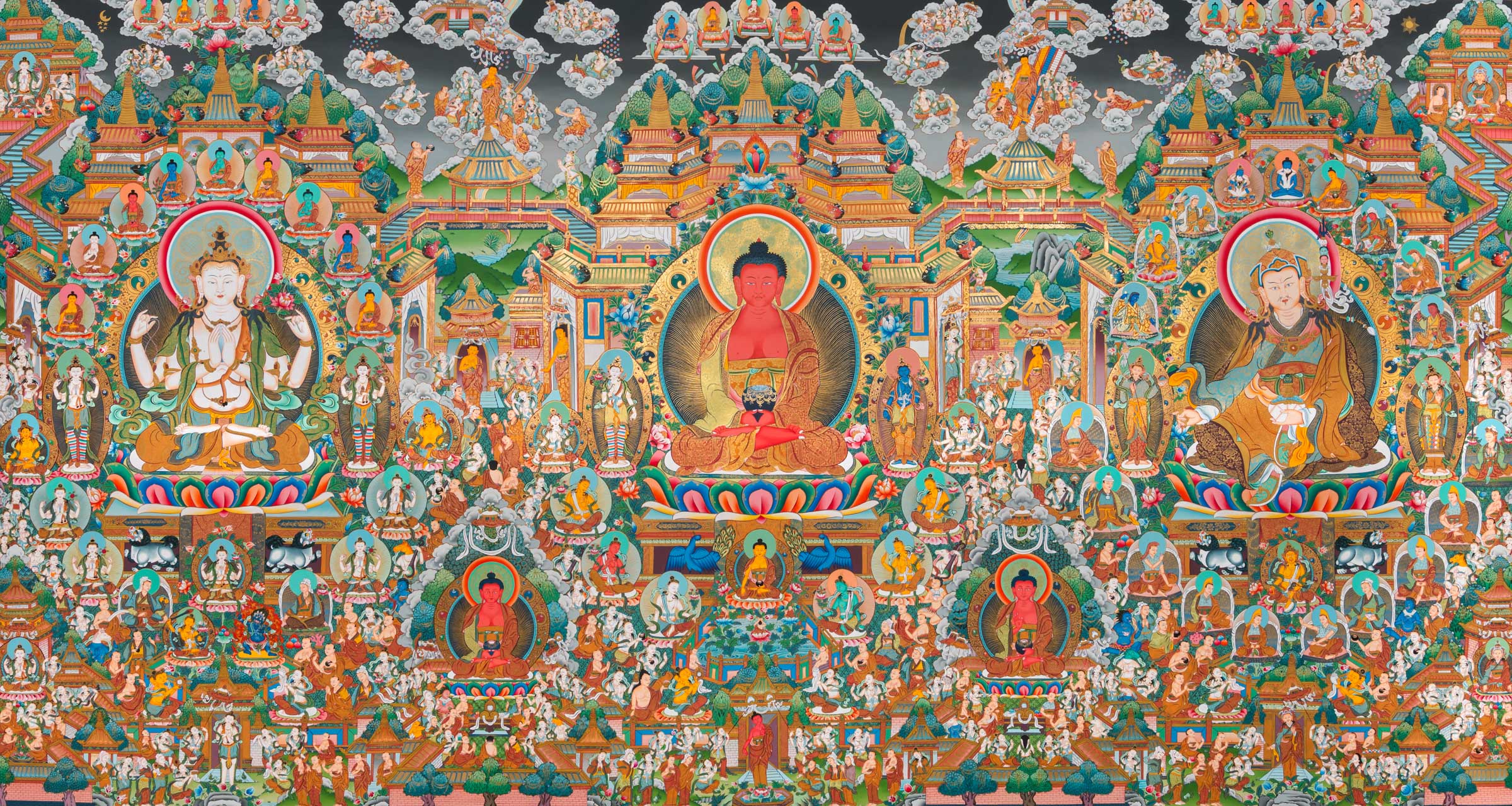 Panoramic Tibetan Buddhist thangka depicting Amitābha Buddha seated at the center on a lotus throne holding an alms bowl, flanked by Avalokiteśvara (Chenrezig) and Green Tārā, within the celestial Pure Land of Sukhāvatī filled with ornate palace architecture, lotus pavilions, offering goddesses, bodhisattvas, disciples, celestial musicians, and devotees, richly hand-painted in traditional Tibetan style using natural mineral pigments.