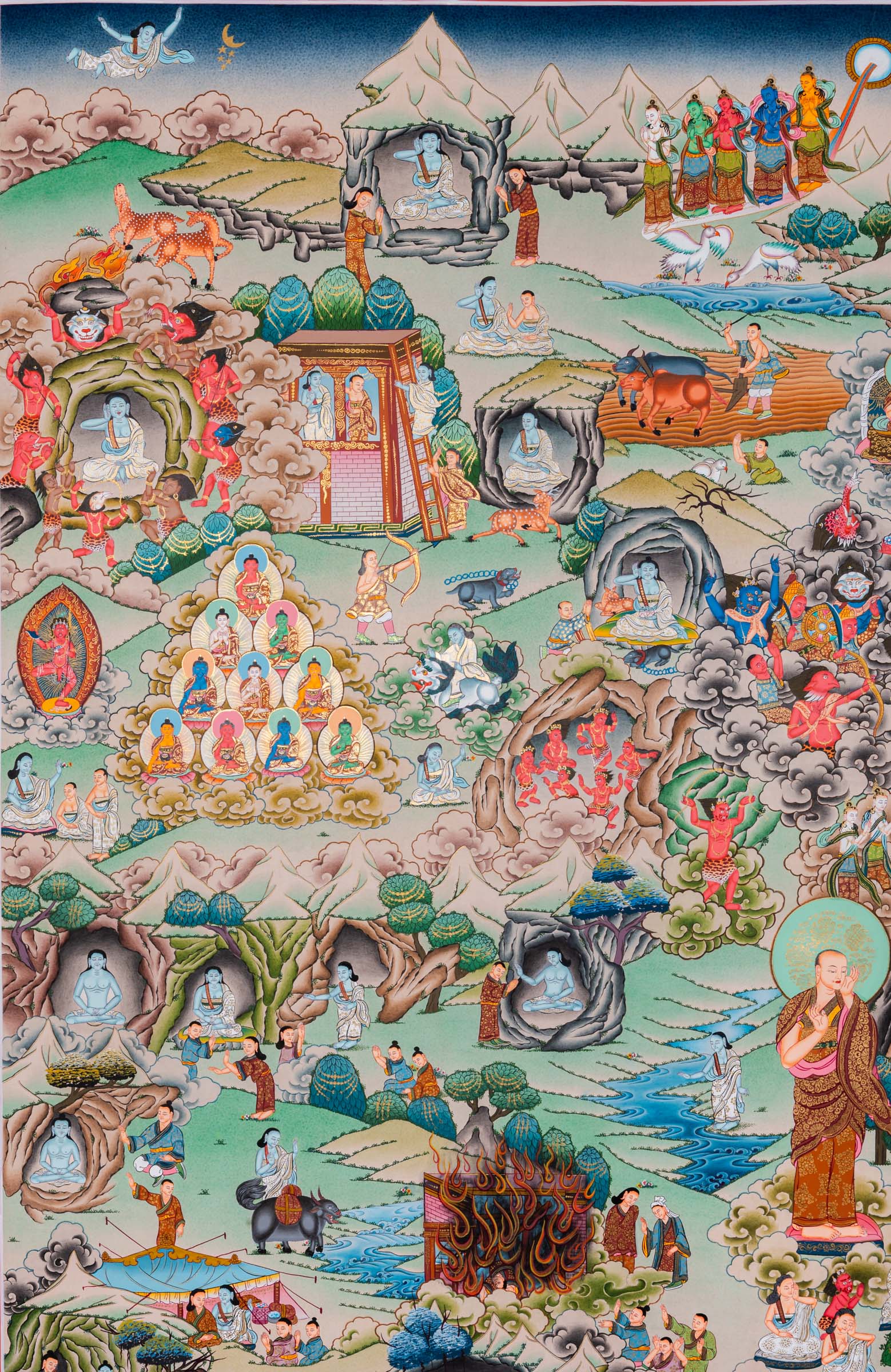 Invite the spirit of Milarepa into your space. This exclusive thangka features the yogi with disciples and his life events parts. A perfect guide for meditation and devotion.