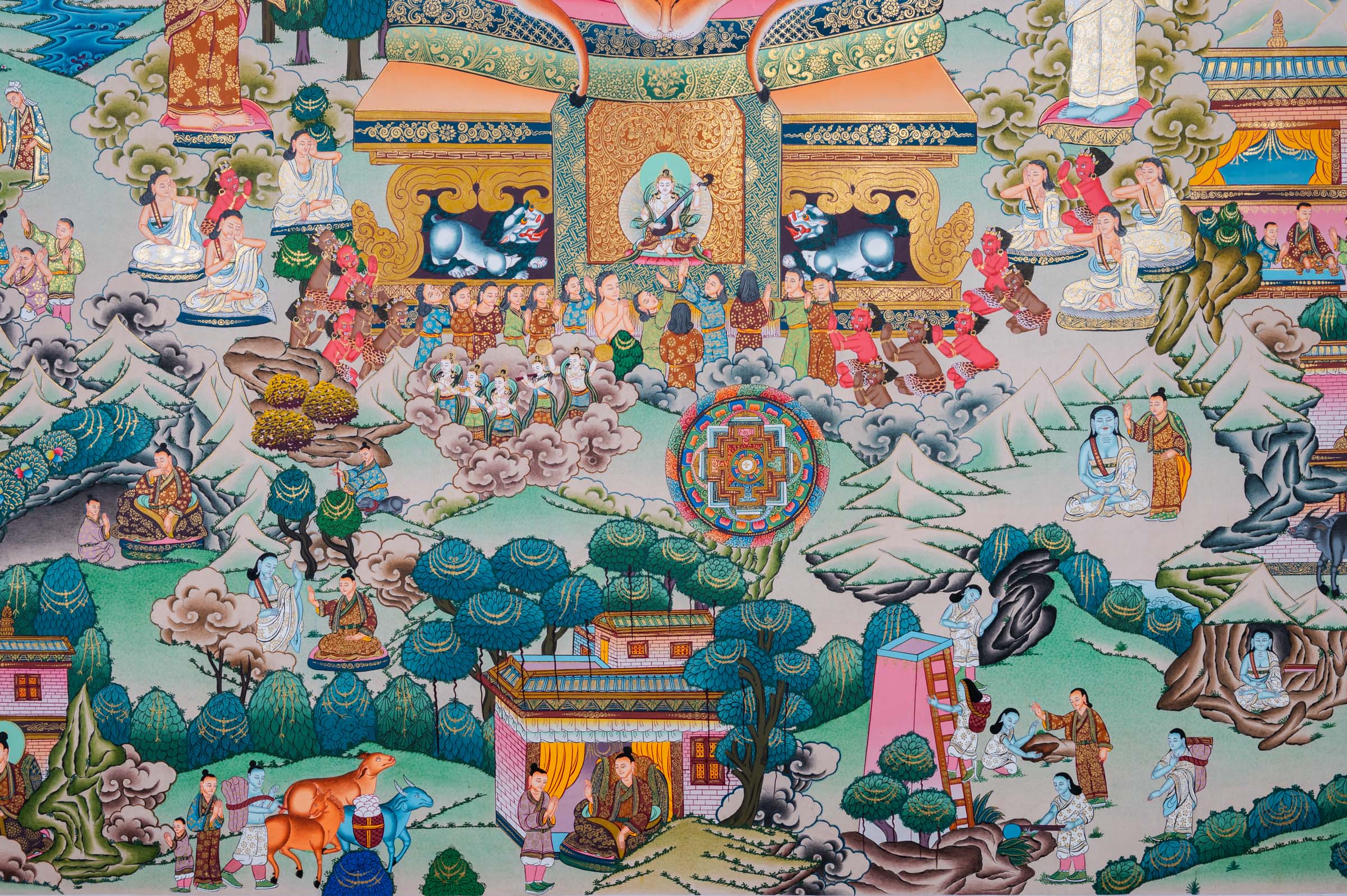 Invite the spirit of Milarepa into your space. This exclusive thangka features the yogi with disciples and his life events parts. A perfect guide for meditation and devotion.