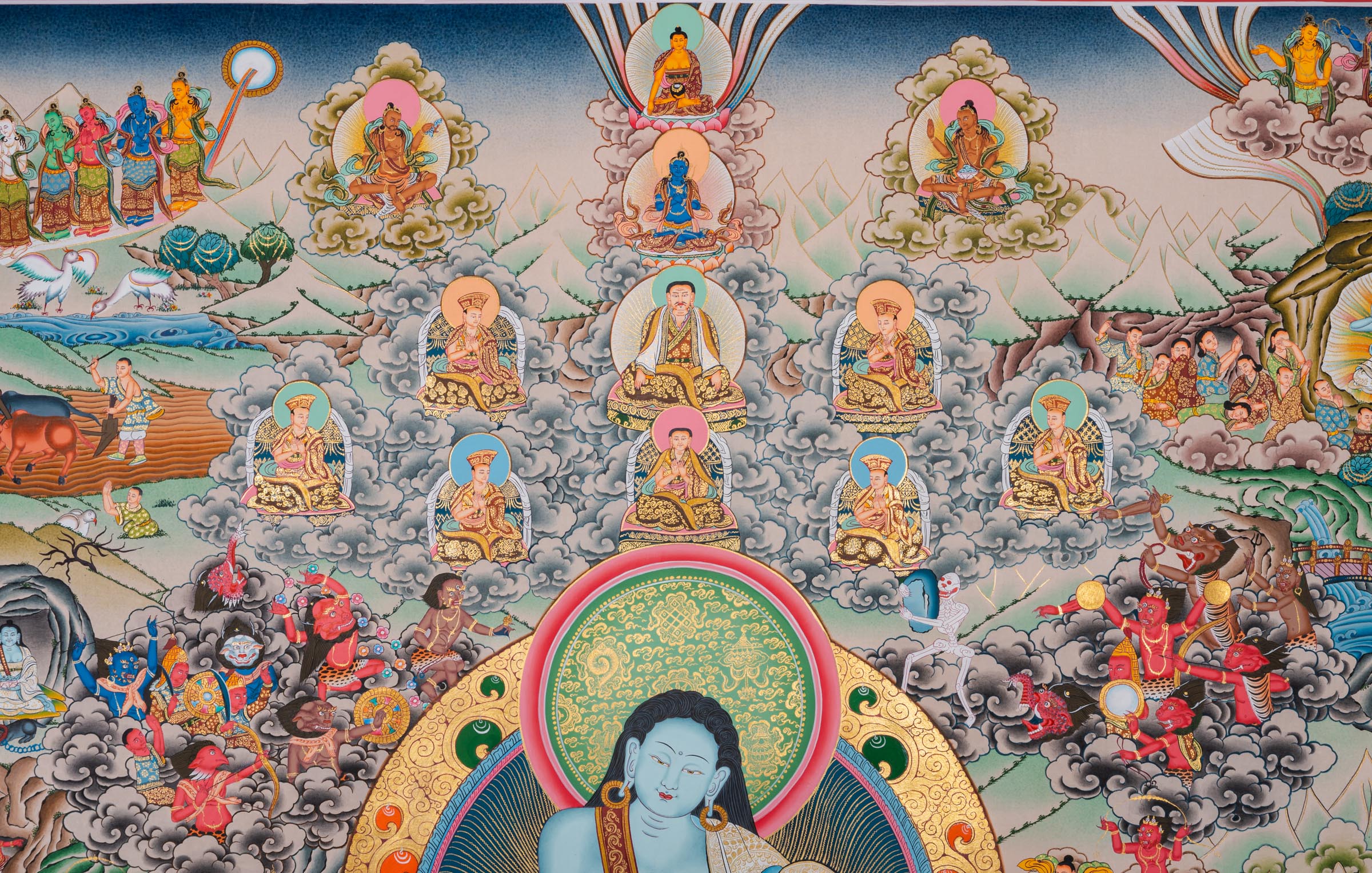 Invite the spirit of Milarepa into your space. This exclusive thangka features the yogi with disciples and his life events parts. A perfect guide for meditation and devotion.