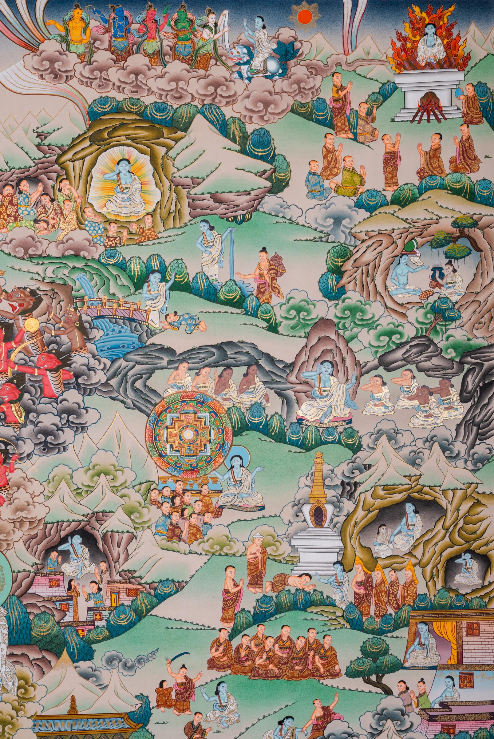 Invite the spirit of Milarepa into your space. This exclusive thangka features the yogi with disciples and his life events parts. A perfect guide for meditation and devotion.