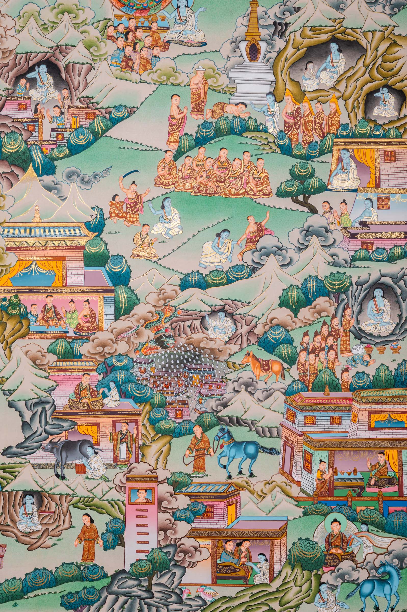 Milarepa Life story Thangka Art- yogi Saint Kagyu Lineage. Fine Artwork with details event of Milarepa used gold and natural colors