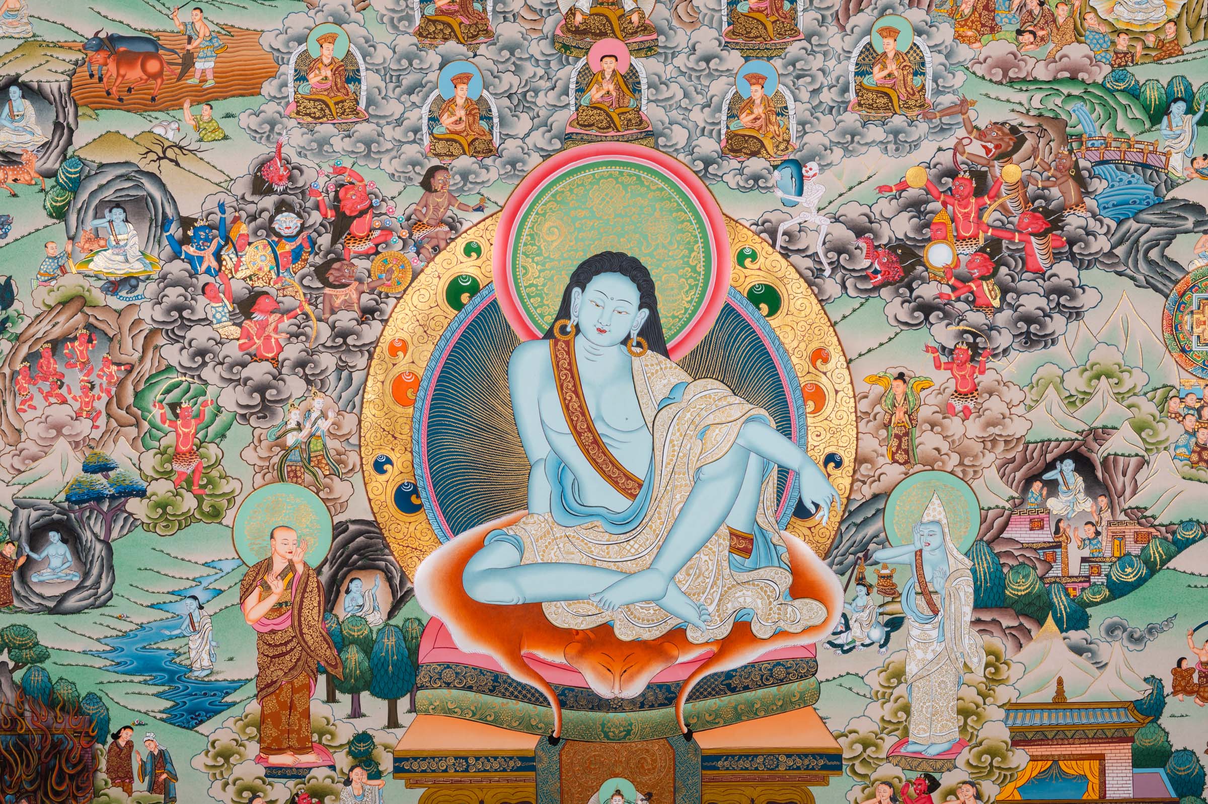 Milarepa Life story Thangka Art- yogi Saint Kagyu Lineage. Fine Artwork with details event of Milarepa used gold and natural colors