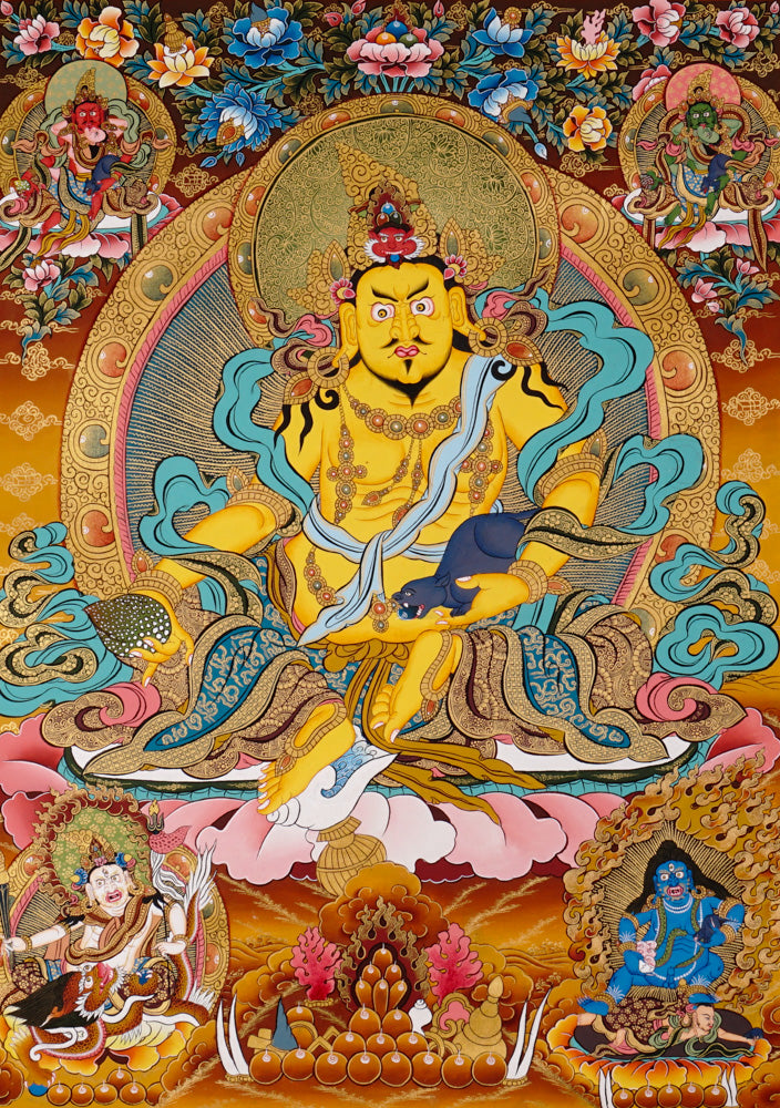 Hand-painted Yellow Zambhala thangka featuring the wealth deity holding a mongoose, seated on a lotus with rich ornaments and vibrant colors.