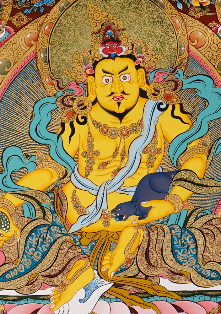 Hand-painted Yellow Zambhala thangka featuring the wealth deity holding a mongoose, seated on a lotus with rich ornaments and vibrant colors.