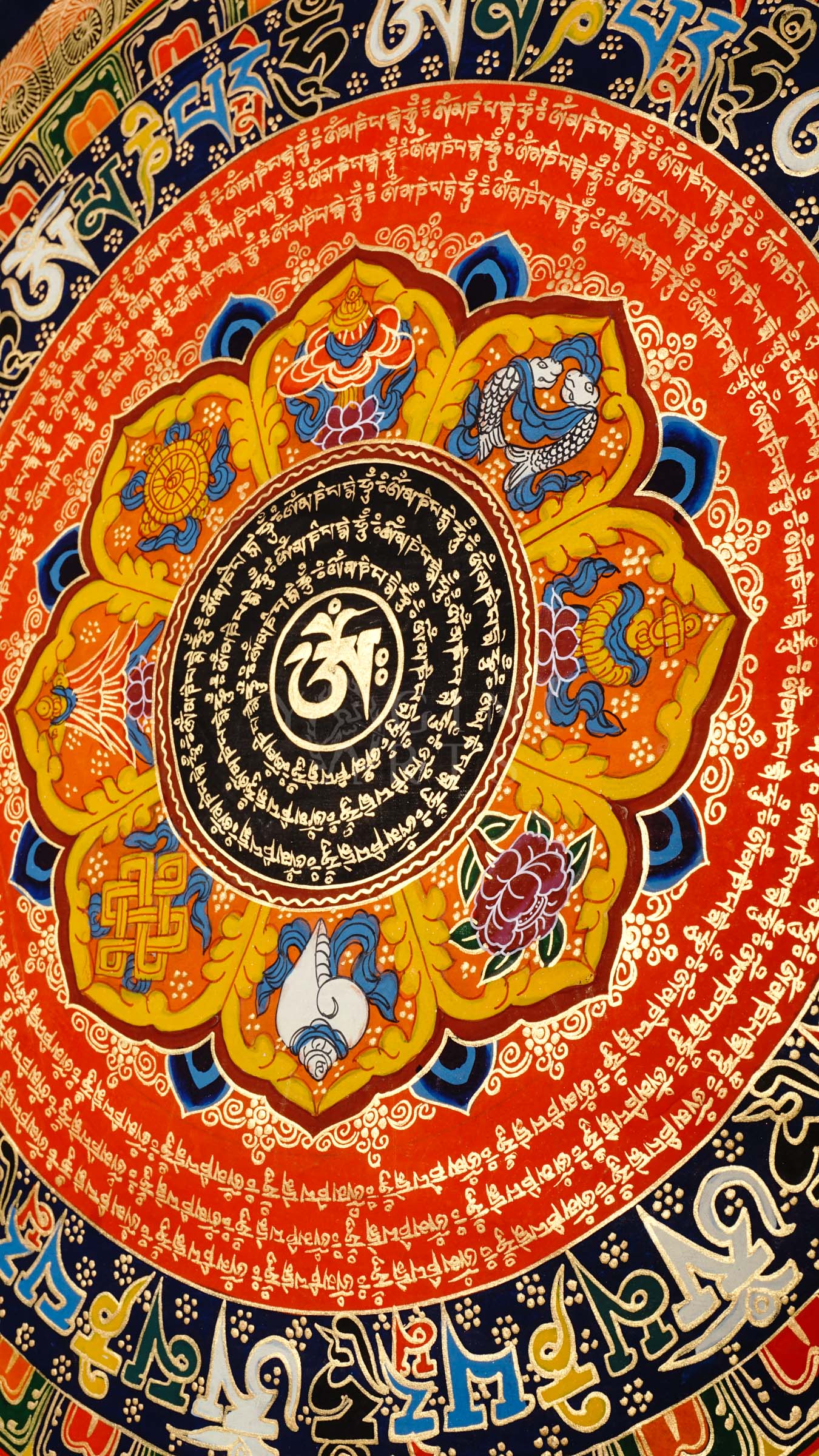 Hand-painted Tibetan Sacred Om Lotus Mantra Mandala thangka featuring central Om symbol, concentric Tibetan mantra circles, lotus petals, and vibrant Buddhist sacred geometry.