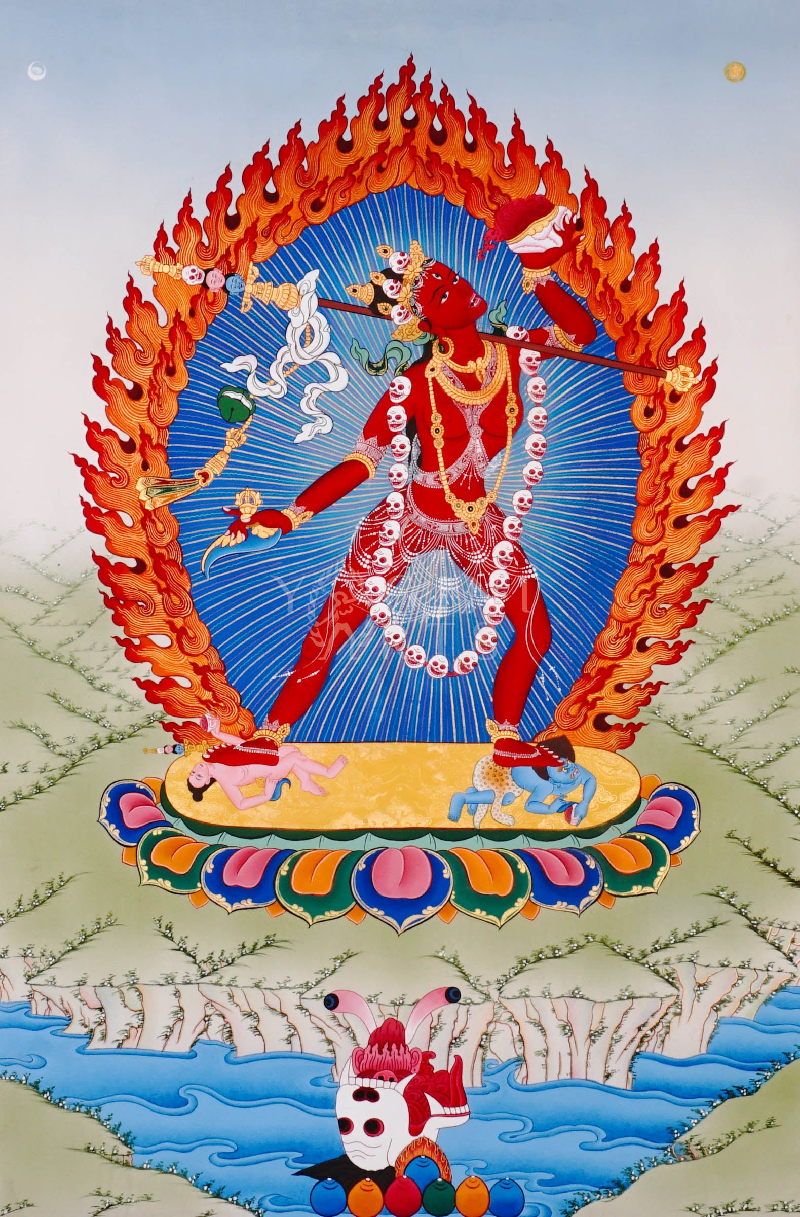 Vajrayogini thangka showing the red tantric dakini dancing with skull garland, holding kapala and ritual knife within a flaming aura.