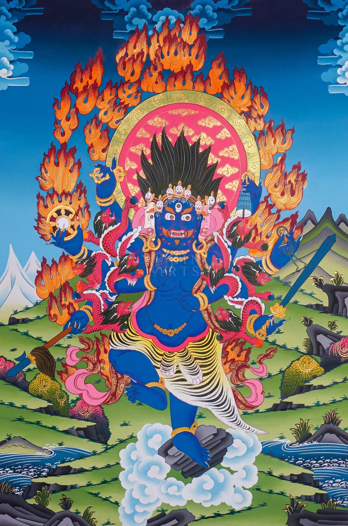 Akash Bhairav Thangka painting featuring a fierce blue deity surrounded by blazing orange flames and a detailed Himalayan landscape, 75 x 50 cm