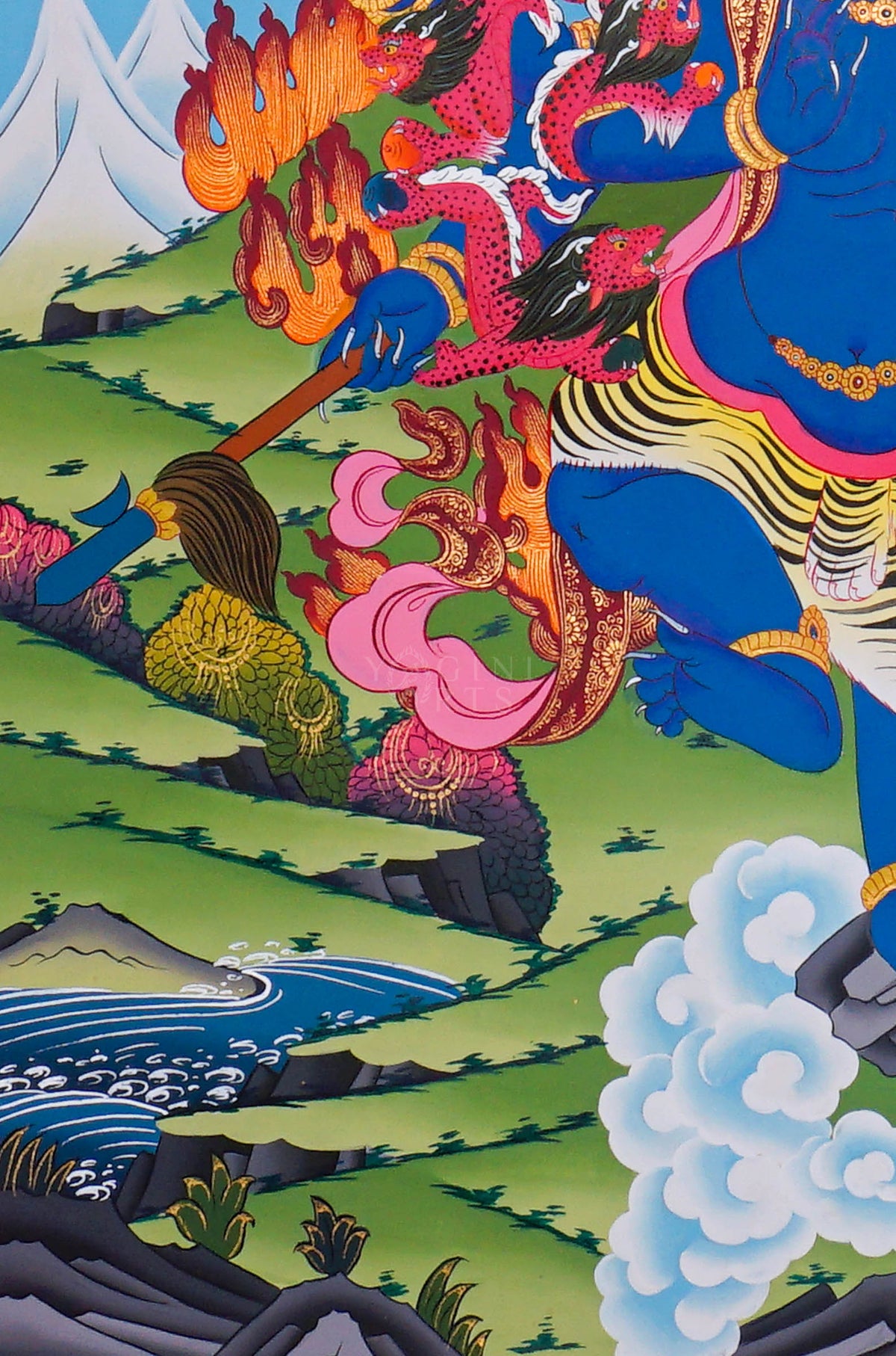Akash Bhairav Thangka painting featuring a fierce blue deity surrounded by blazing orange flames and a detailed Himalayan landscape, 75 x 50 cm