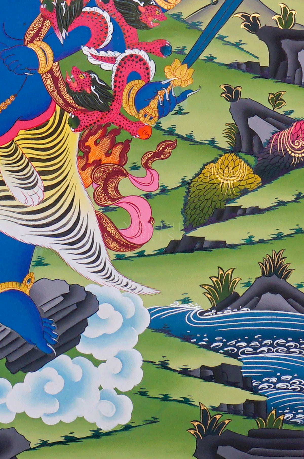 Akash Bhairav Thangka painting featuring a fierce blue deity surrounded by blazing orange flames and a detailed Himalayan landscape, 75 x 50 cm