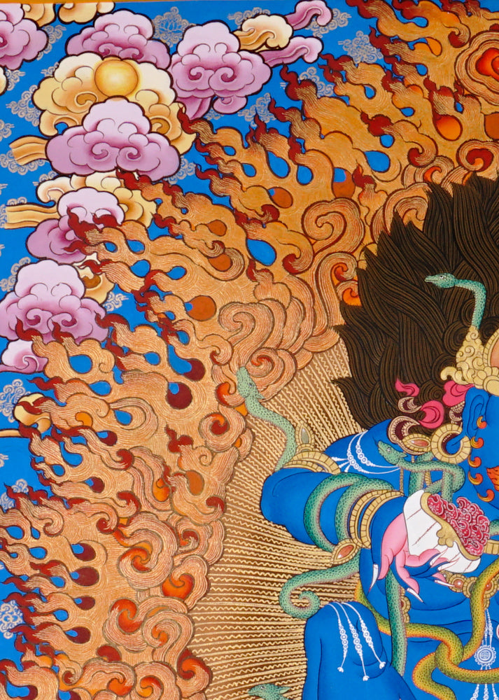 Hand-painted Black Zambhala thangka with wrathful blue deity, flames, mongoose, and subdued figure.