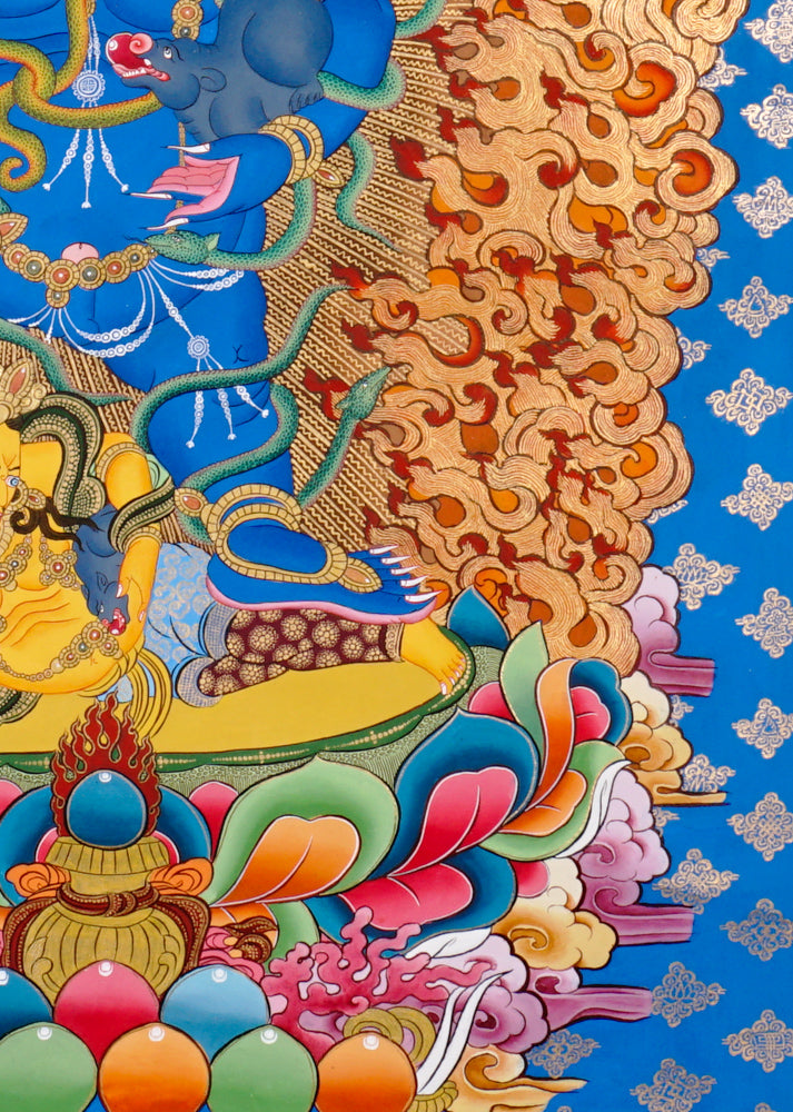 Hand-painted Black Zambhala thangka with wrathful blue deity, flames, mongoose, and subdued figure.