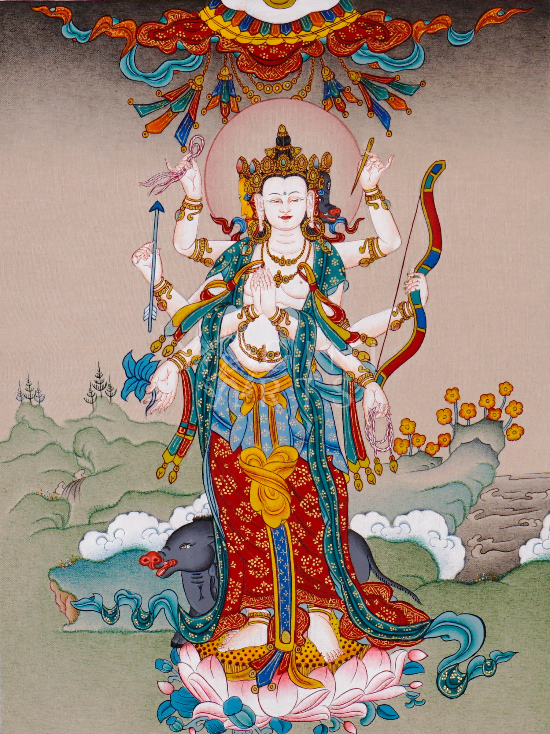 Standing Marichi Tibetan Buddhist thangka featuring multi-armed white goddess holding sacred implements above lotus throne