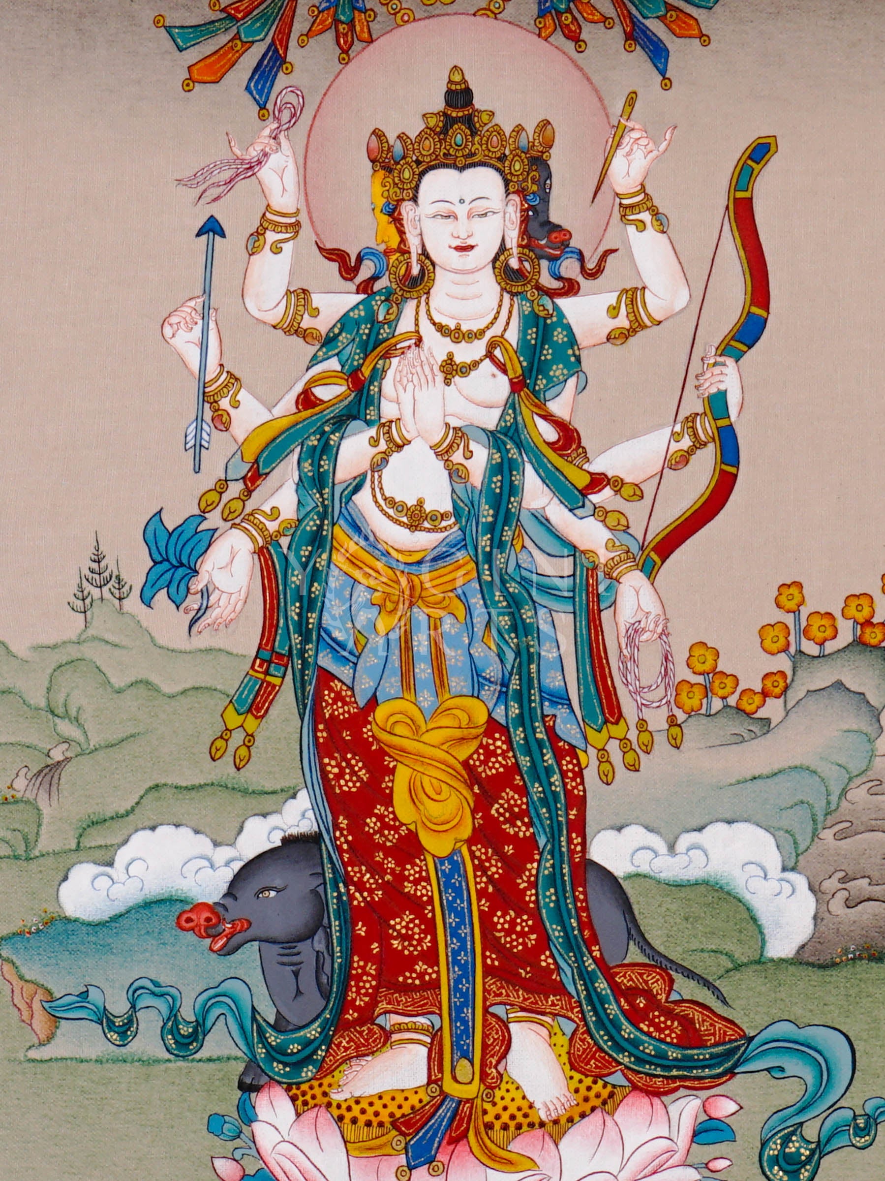 Standing Marichi Tibetan Buddhist thangka featuring multi-armed white goddess holding sacred implements above lotus throne