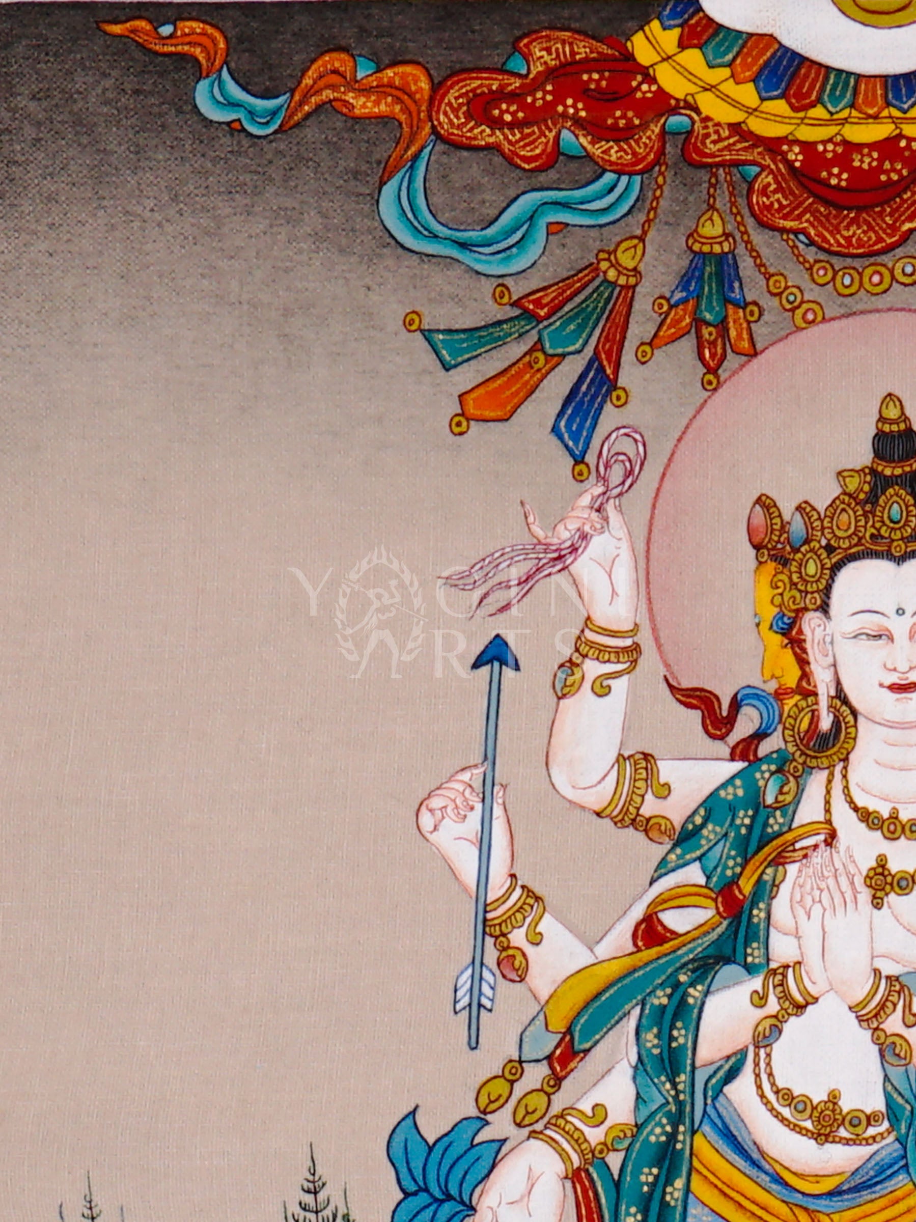 Standing Marichi Tibetan Buddhist thangka featuring multi-armed white goddess holding sacred implements above lotus throne