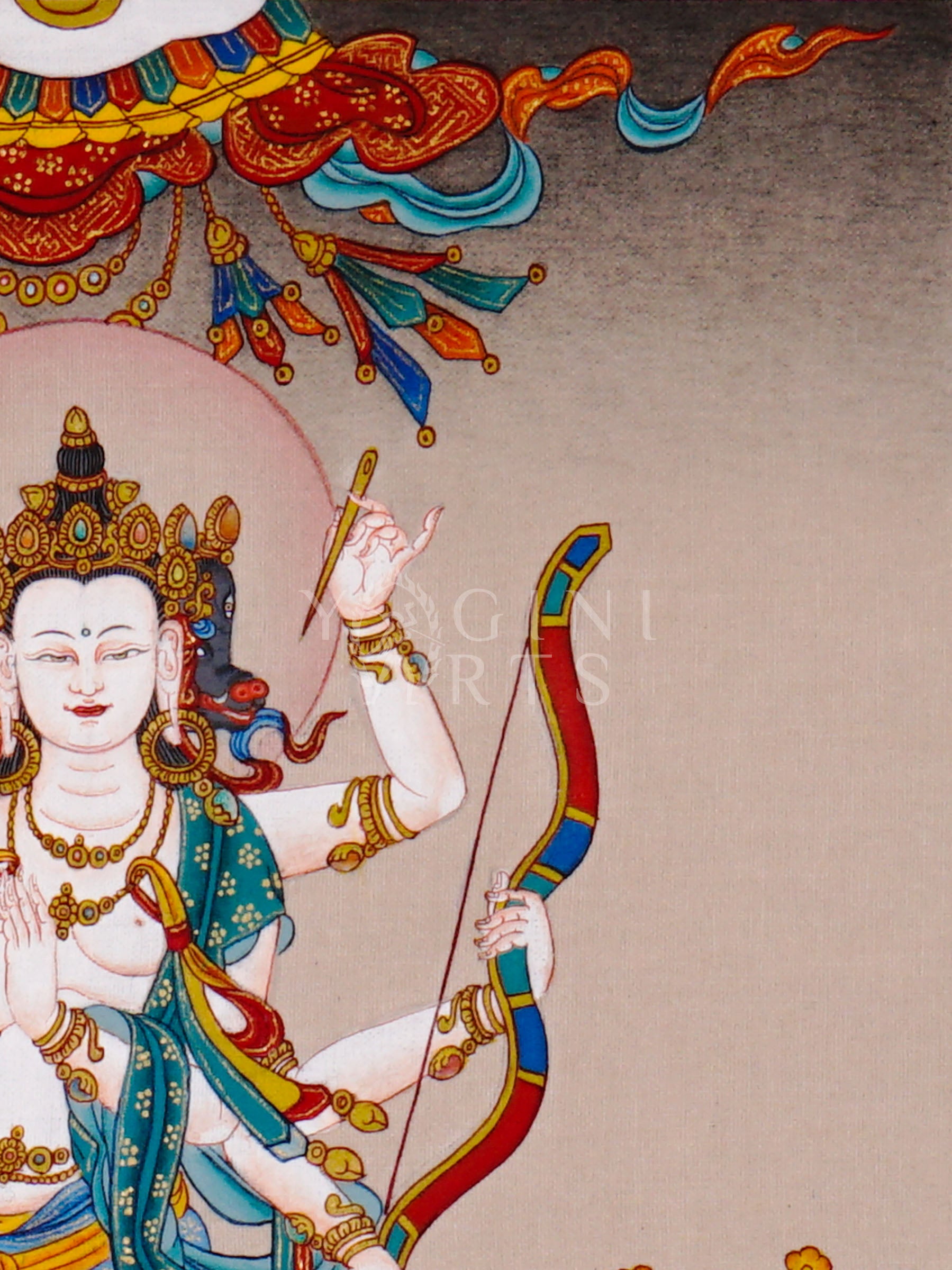 Standing Marichi Tibetan Buddhist thangka featuring multi-armed white goddess holding sacred implements above lotus throne