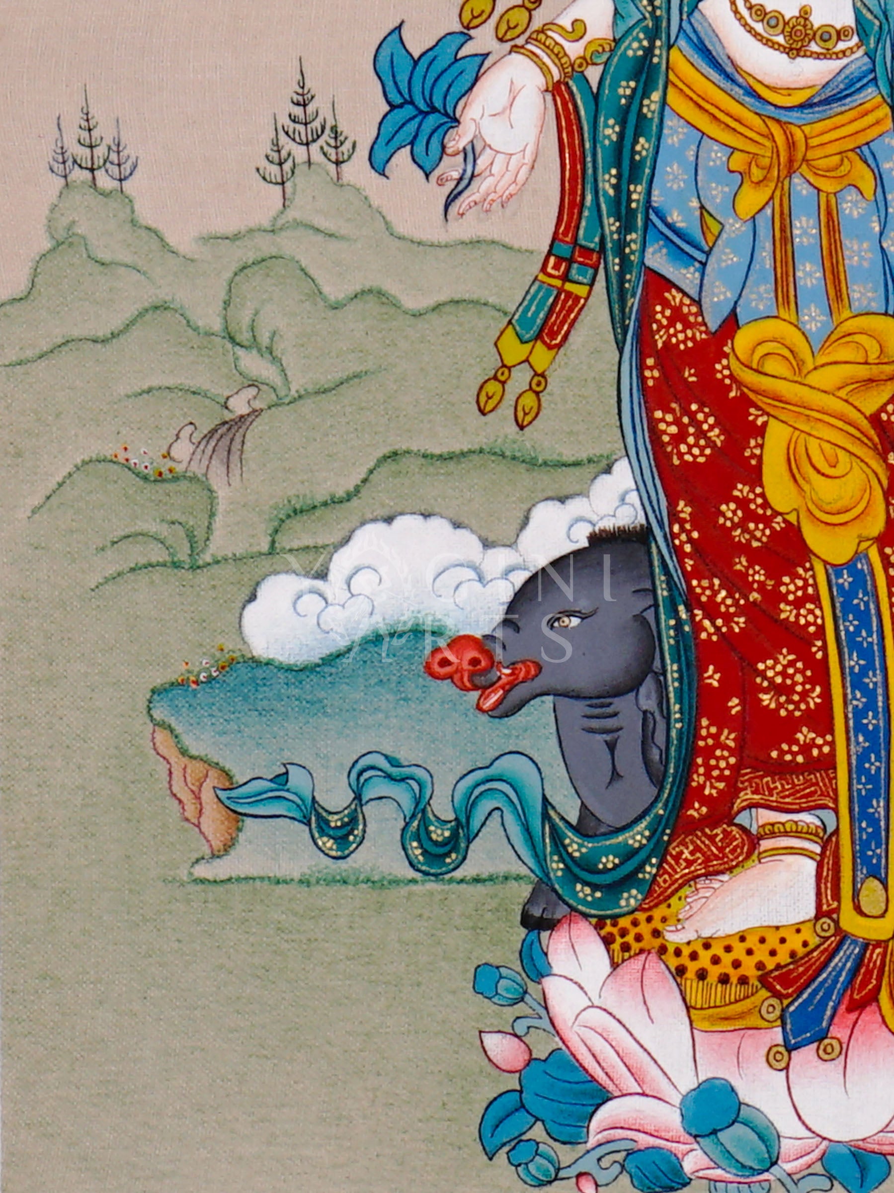 Standing Marichi Tibetan Buddhist thangka featuring multi-armed white goddess holding sacred implements above lotus throne
