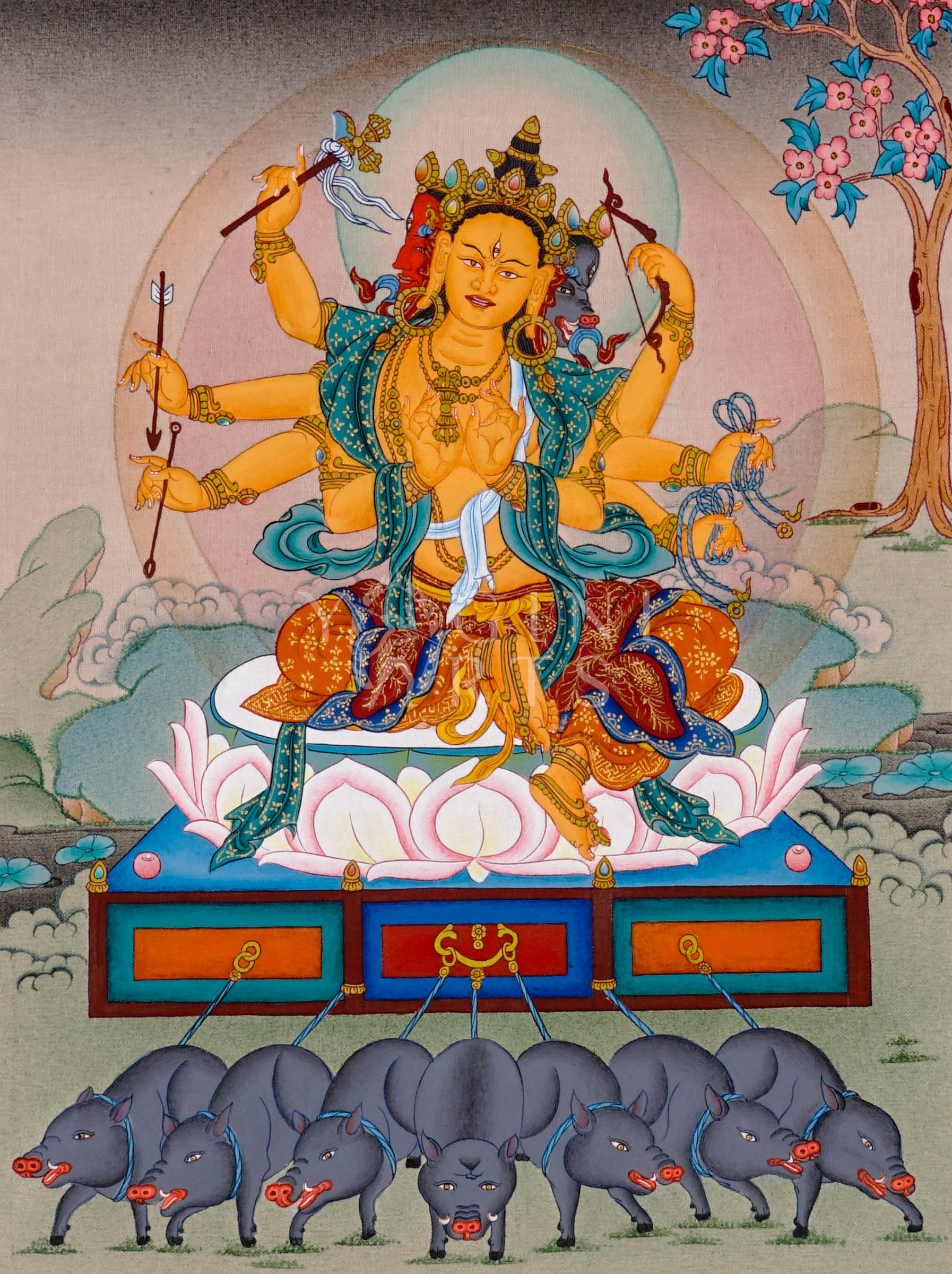 Marichi Tibetan Buddhist thangka featuring multi-armed goddess seated on lotus throne with sacred boars beneath