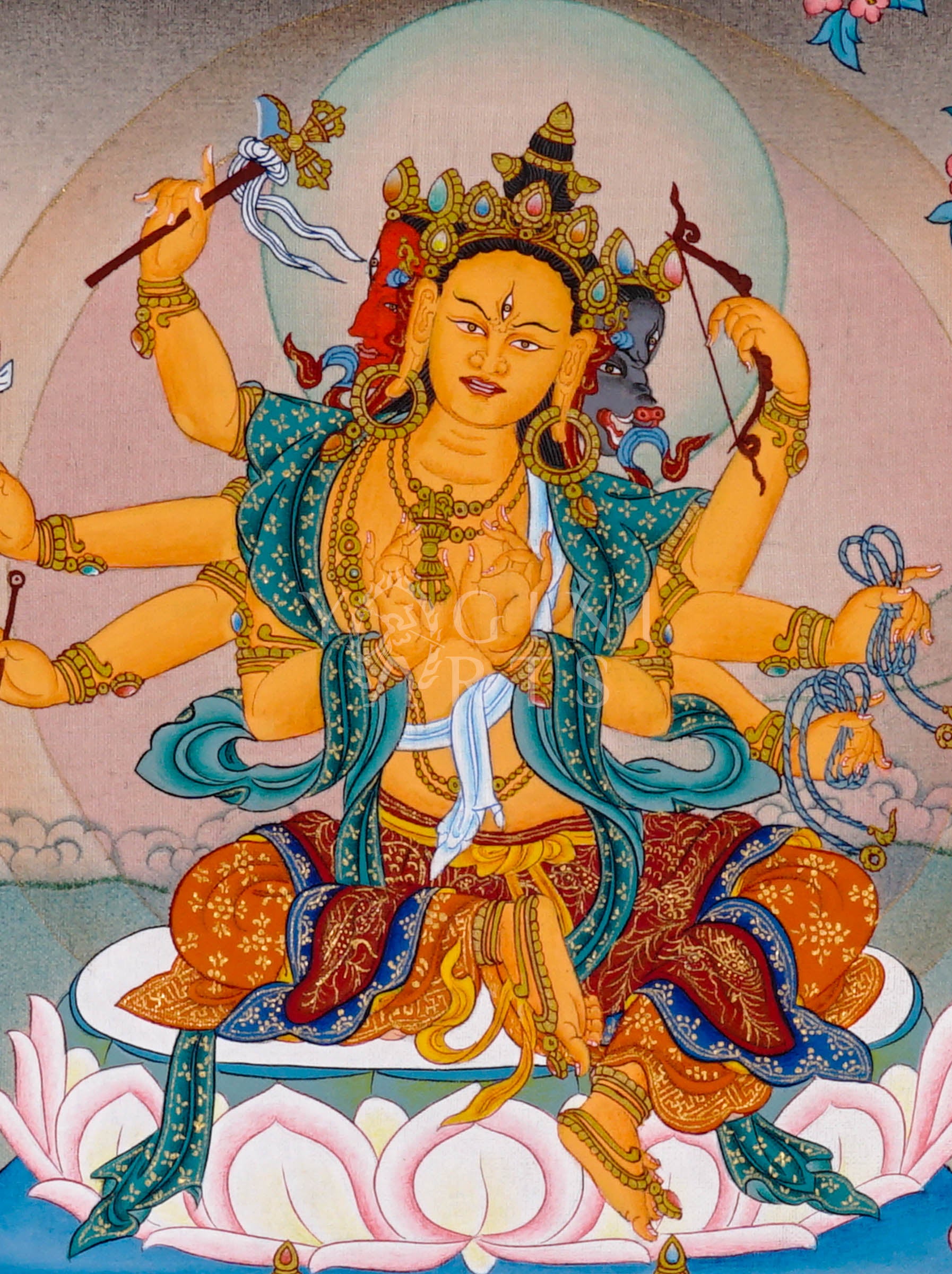 Marichi Tibetan Buddhist thangka featuring multi-armed goddess seated on lotus throne with sacred boars beneath