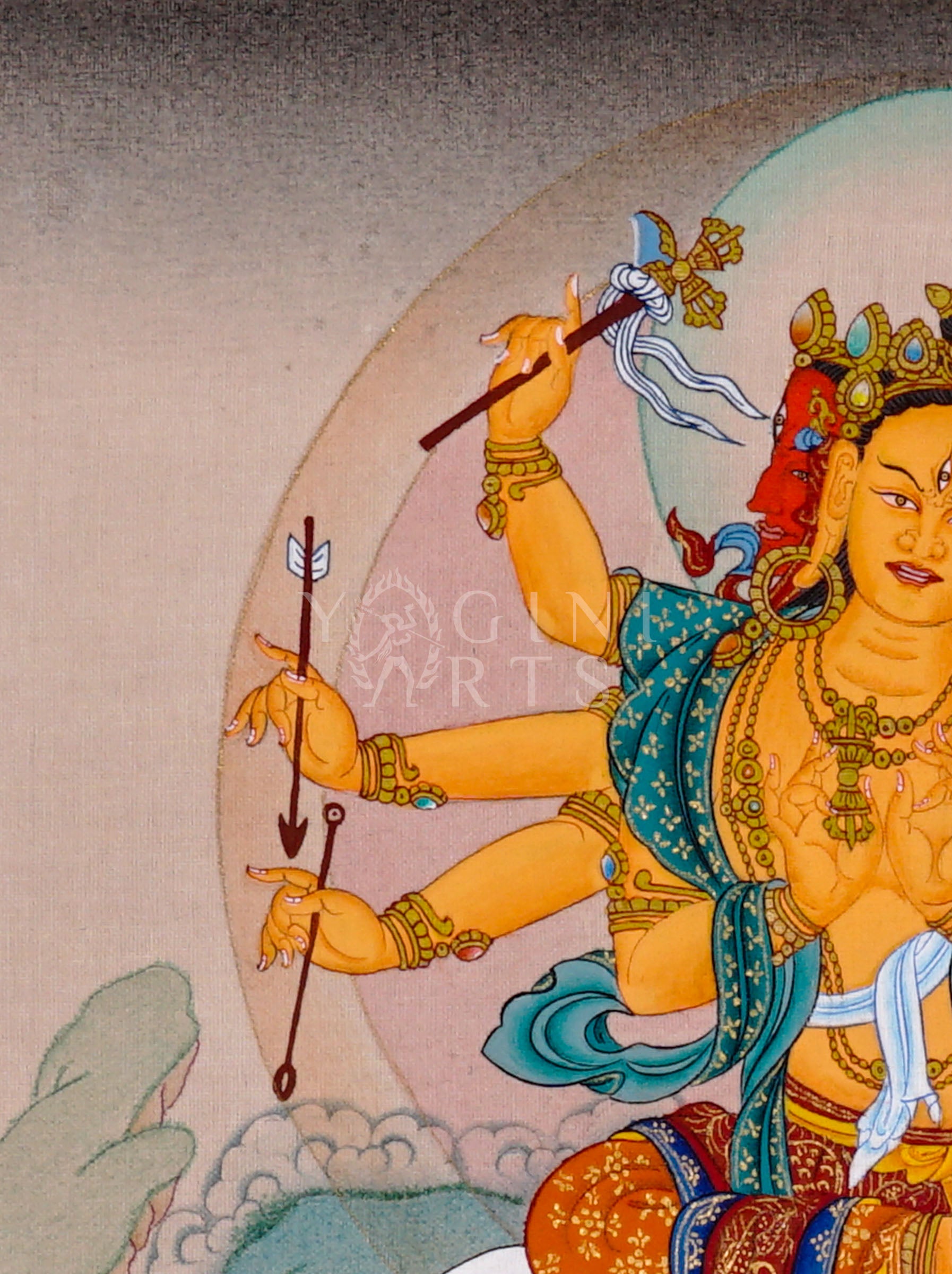 Marichi Tibetan Buddhist thangka featuring multi-armed goddess seated on lotus throne with sacred boars beneath