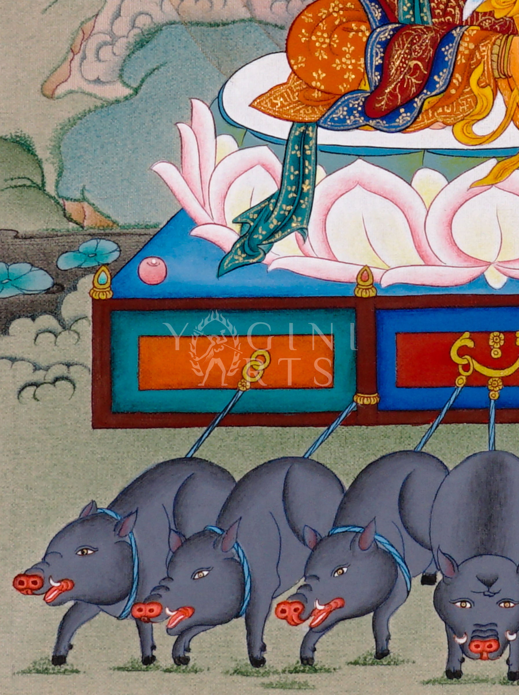 Marichi Tibetan Buddhist thangka featuring multi-armed goddess seated on lotus throne with sacred boars beneath