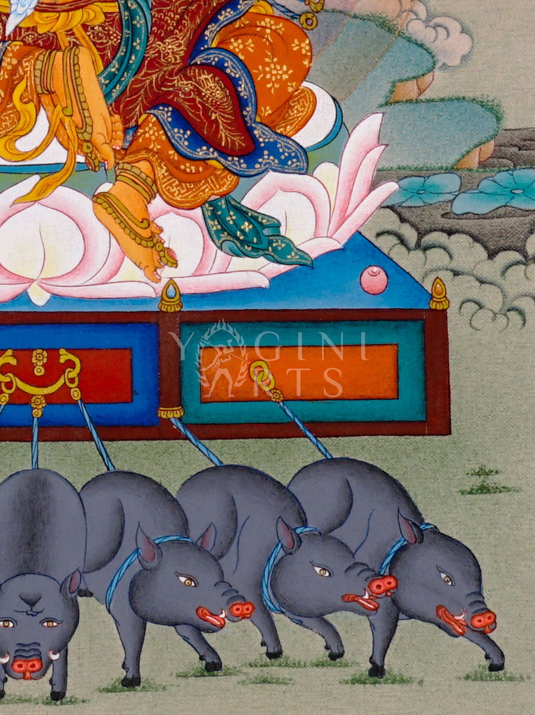Marichi Tibetan Buddhist thangka featuring multi-armed goddess seated on lotus throne with sacred boars beneath