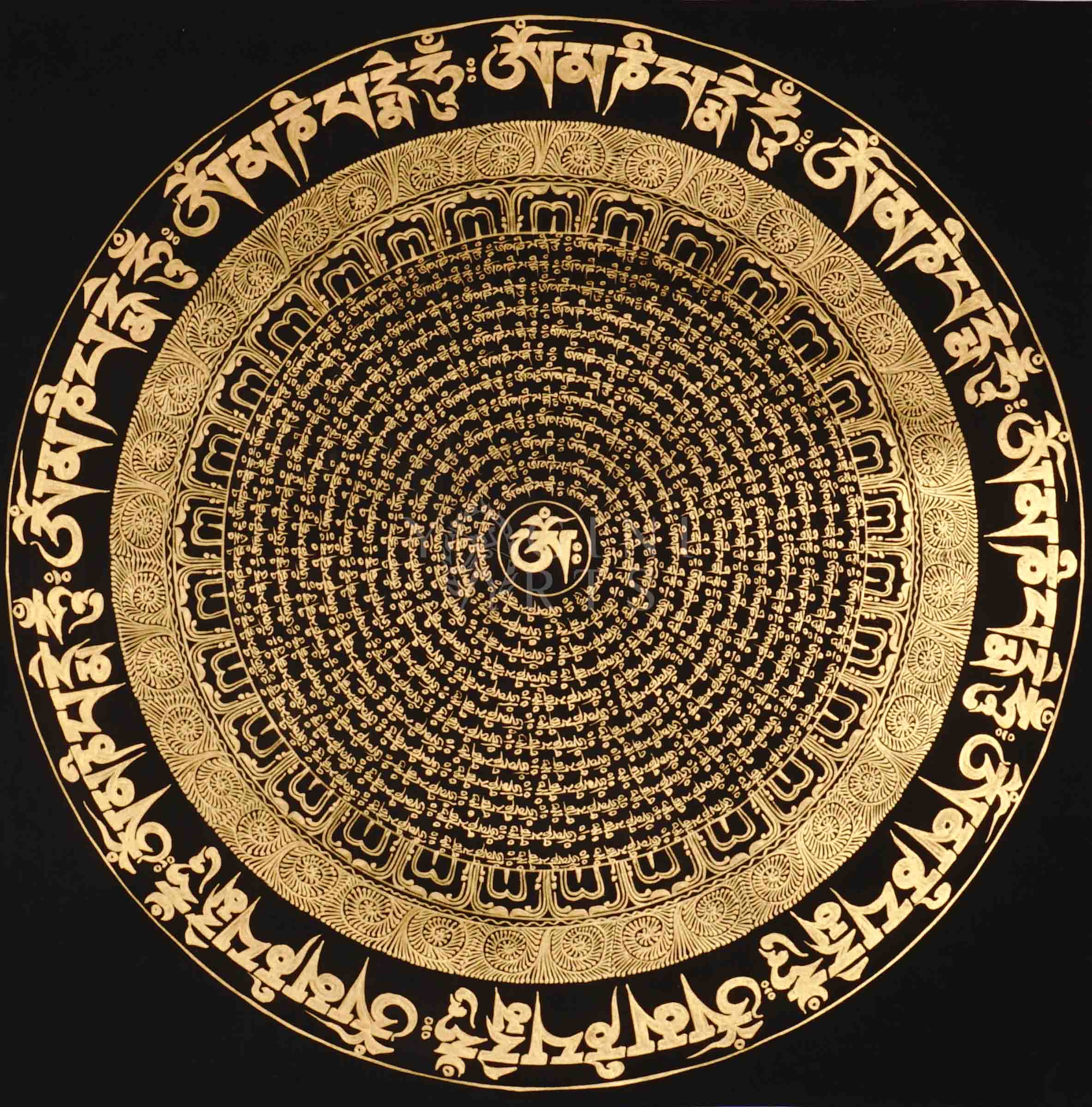 Hand painted black and gold Mantra Mandala thangka featuring concentric Tibetan sacred script with central Om seed syllable