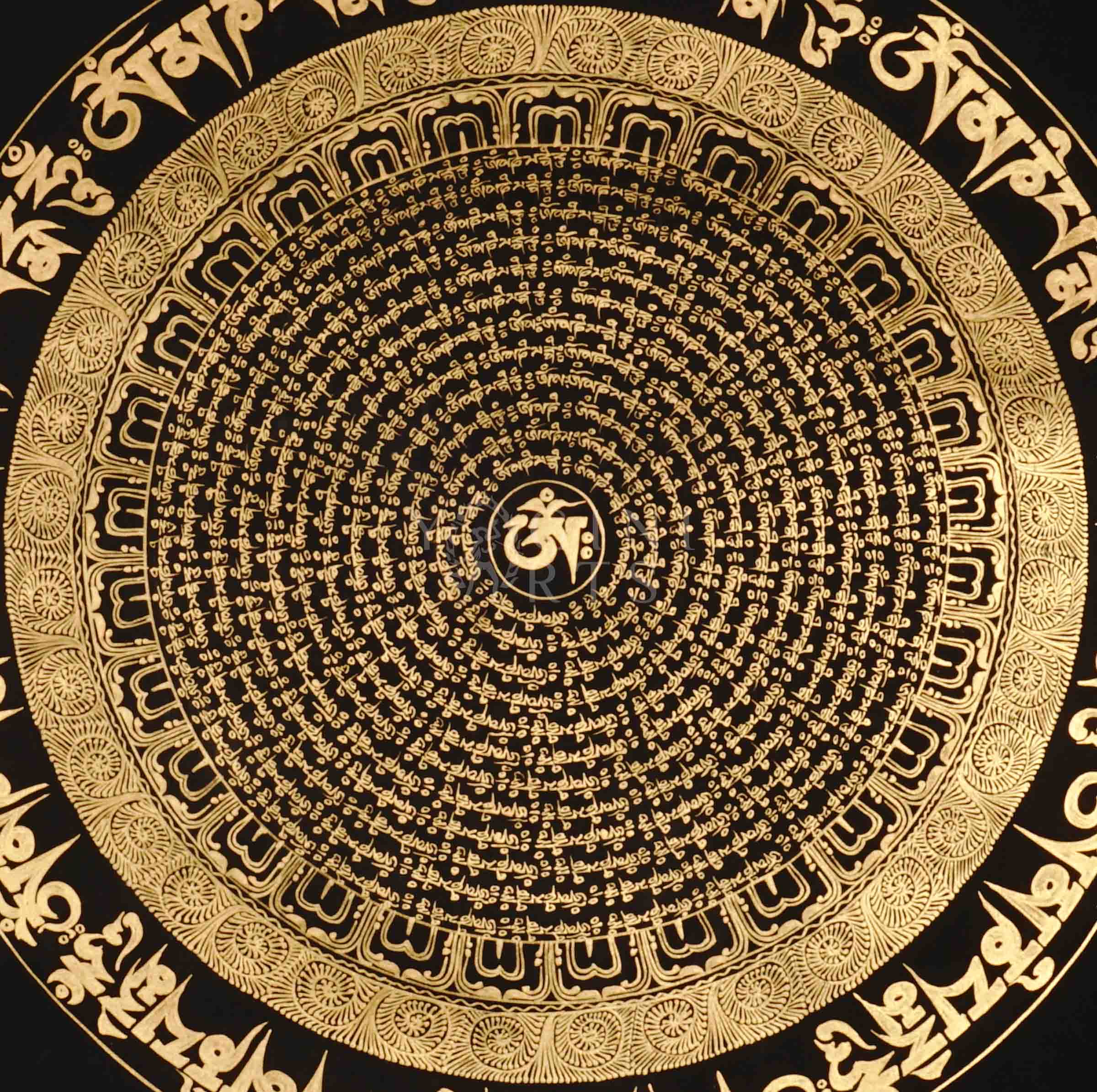 Hand painted black and gold Mantra Mandala thangka featuring concentric Tibetan sacred script with central Om seed syllable