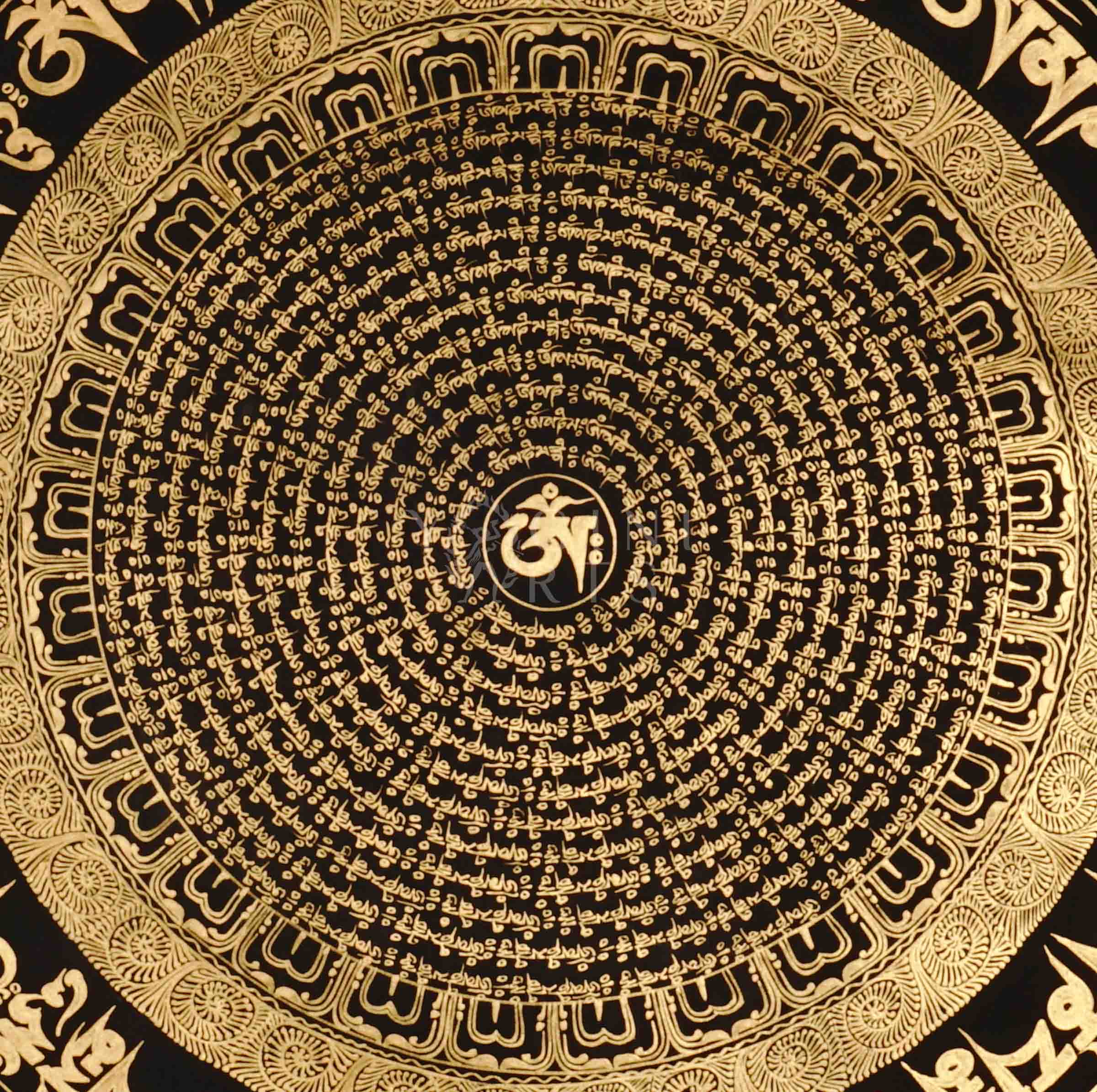 Hand painted black and gold Mantra Mandala thangka featuring concentric Tibetan sacred script with central Om seed syllable