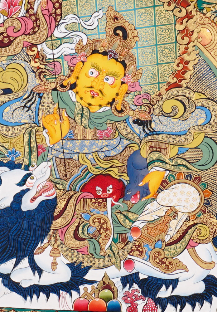 Hand-painted Five Singh Zambhala thangka showing lion-mounted wealth deity with multiple Dzambhala forms.