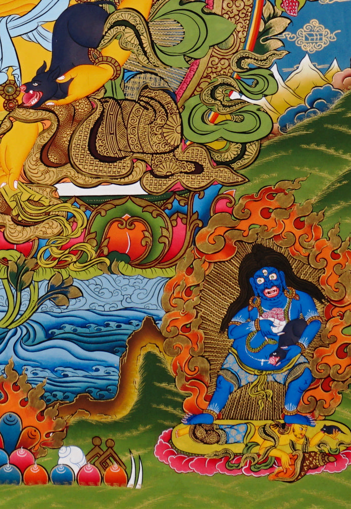 Hand-painted Yellow Zambhala thangka with flowing landscape, wealth deity holding mongoose, and detailed floral background.