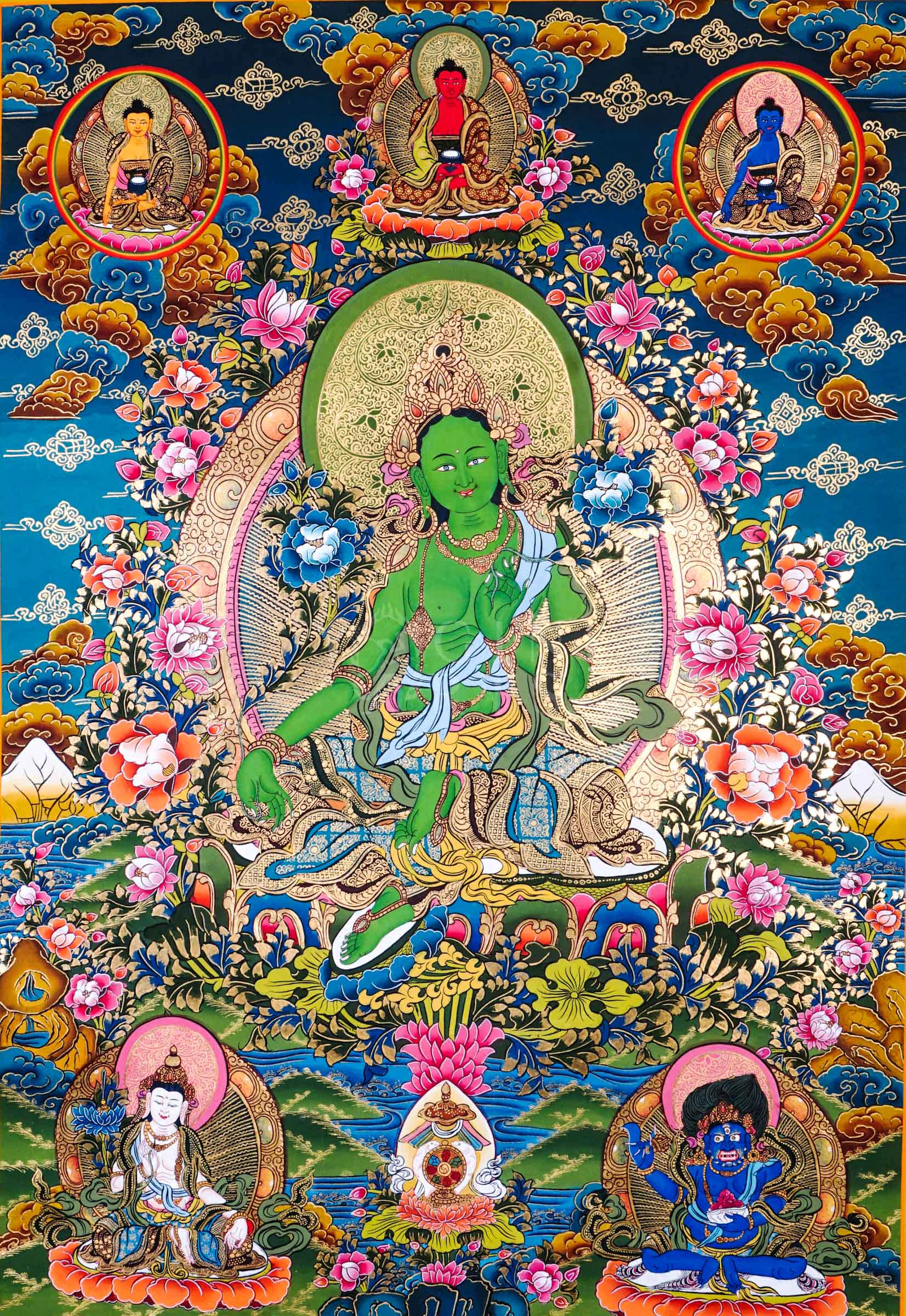Traditional hand-painted Green Tara Tibetan thangka featuring the Buddhist goddess of compassion seated among lotus flowers with celestial Buddhas and sacred Himalayan motifs