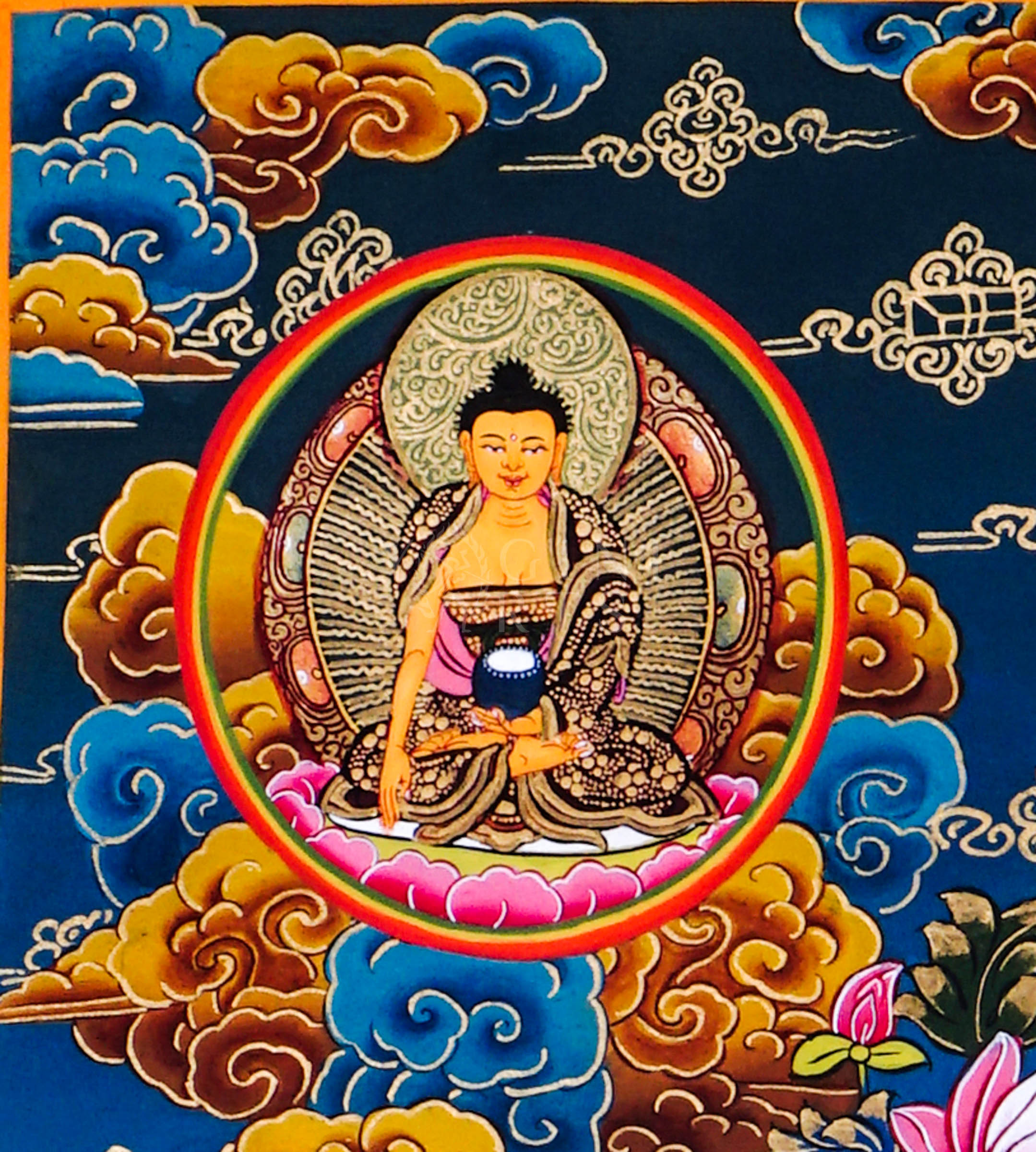 Traditional hand-painted Green Tara Tibetan thangka featuring the Buddhist goddess of compassion seated among lotus flowers with celestial Buddhas and sacred Himalayan motifs