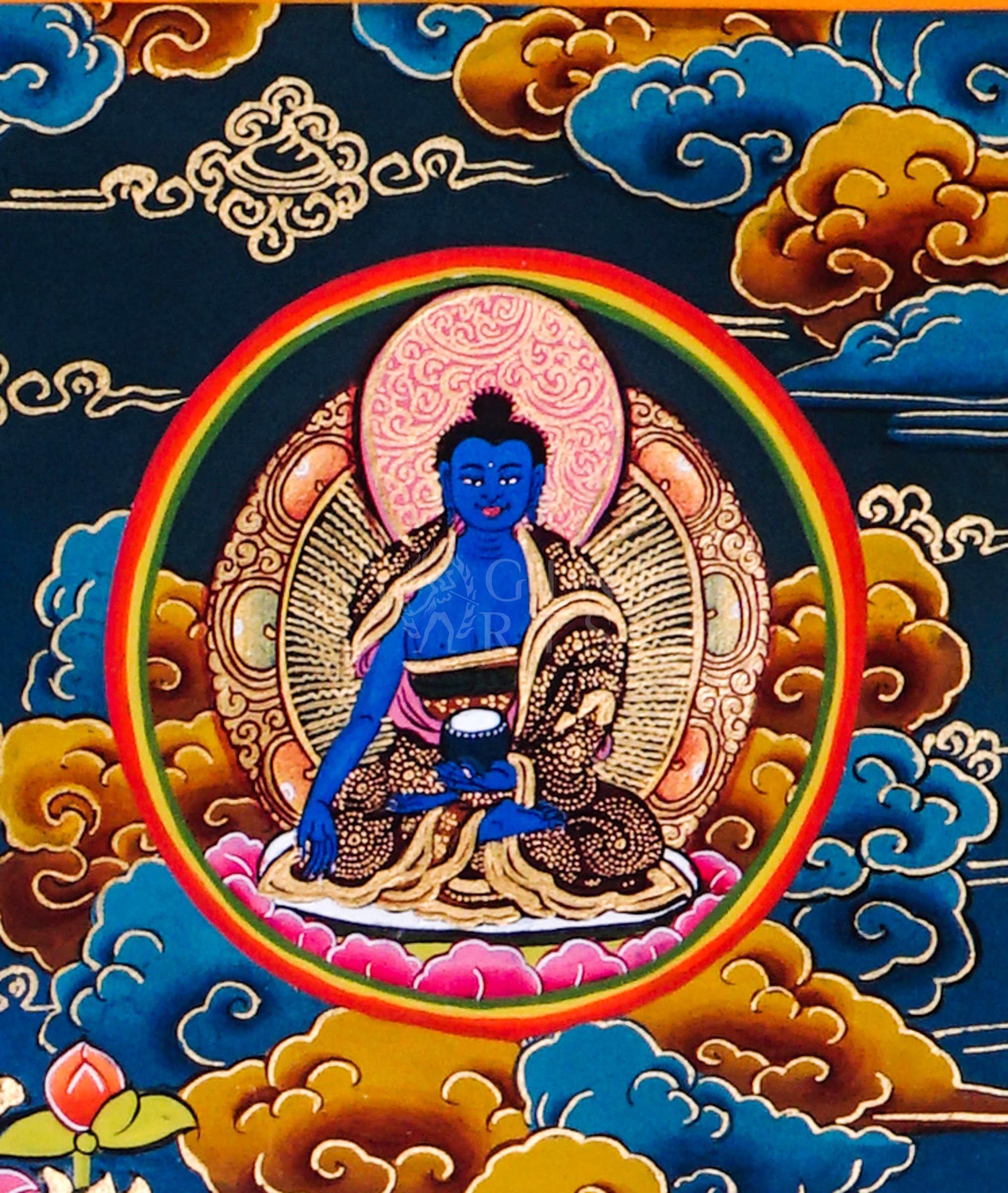 Traditional hand-painted Green Tara Tibetan thangka featuring the Buddhist goddess of compassion seated among lotus flowers with celestial Buddhas and sacred Himalayan motifs