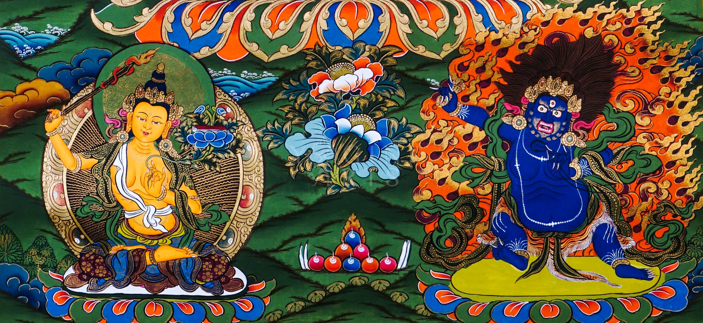 Hand-painted Chenrezig Tibetan thangka featuring four-armed Avalokiteshvara seated on a lotus throne surrounded by celestial Buddhas, sacred flowers, and Himalayan Buddhist symbolism