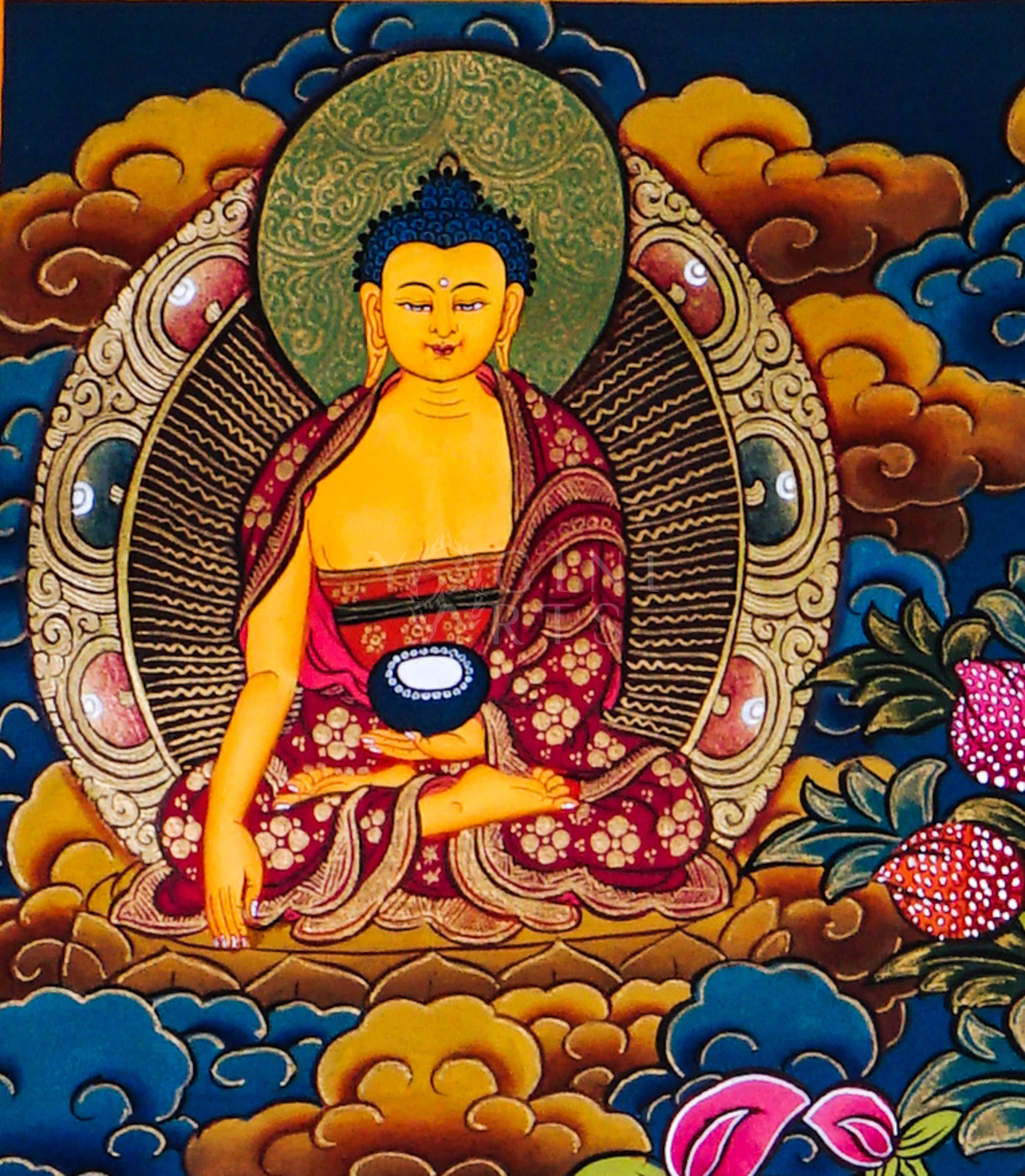 Hand-painted Chenrezig Tibetan thangka featuring four-armed Avalokiteshvara seated on a lotus throne surrounded by celestial Buddhas, sacred flowers, and Himalayan Buddhist symbolism