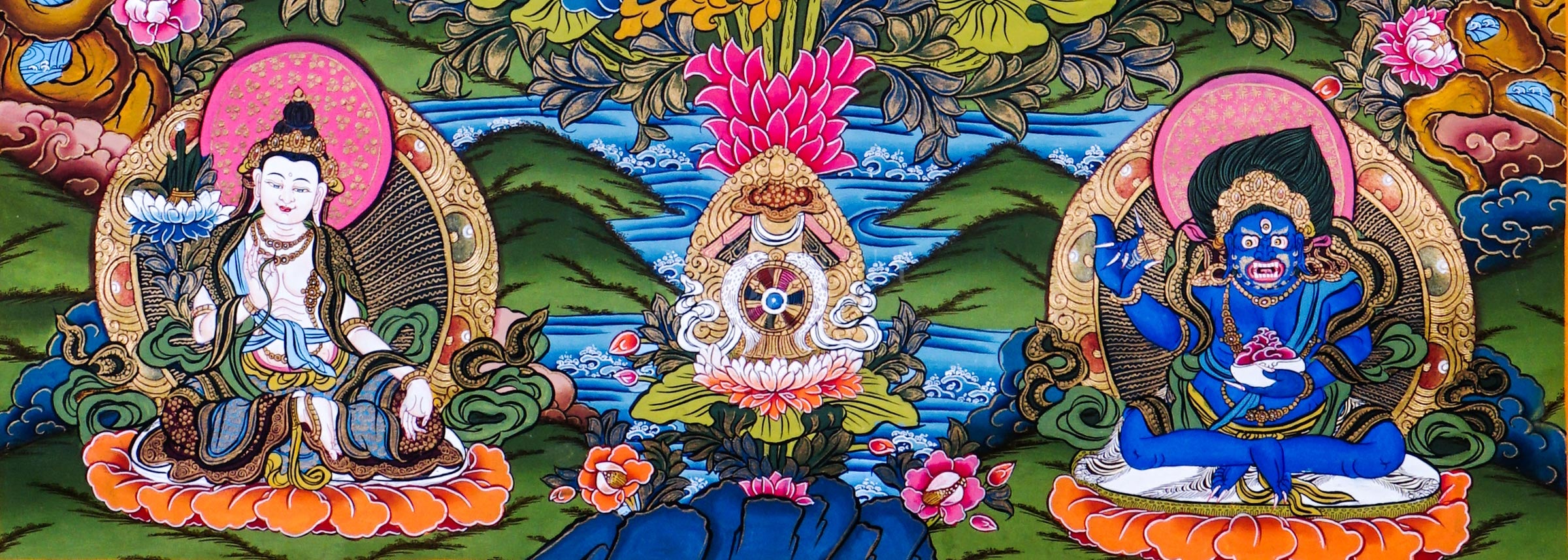 Green Tara thangka featuring the Buddhist goddess of compassion seated among vibrant flowers with celestial Buddhas and protector deities
