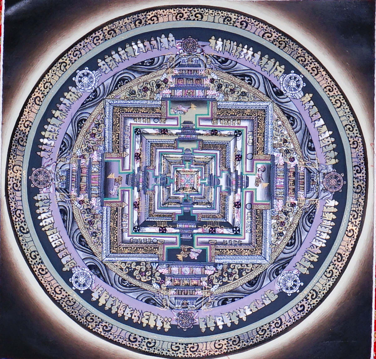 Hand-painted Kalachakra Mandala Brocade Thangka mounted in traditional Tibetan silk brocade, handcrafted in Nepal and ready to hang for meditation, altar, and sacred wall décor.