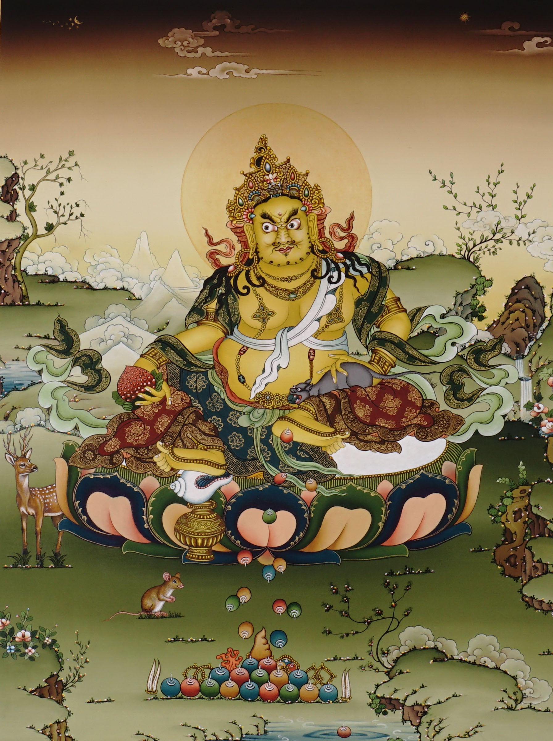 Hand-painted Yellow Dzambhala thangka showing Tibetan wealth deity seated on lotus throne holding mongoose and citron, with gold detailing and Himalayan landscape background.