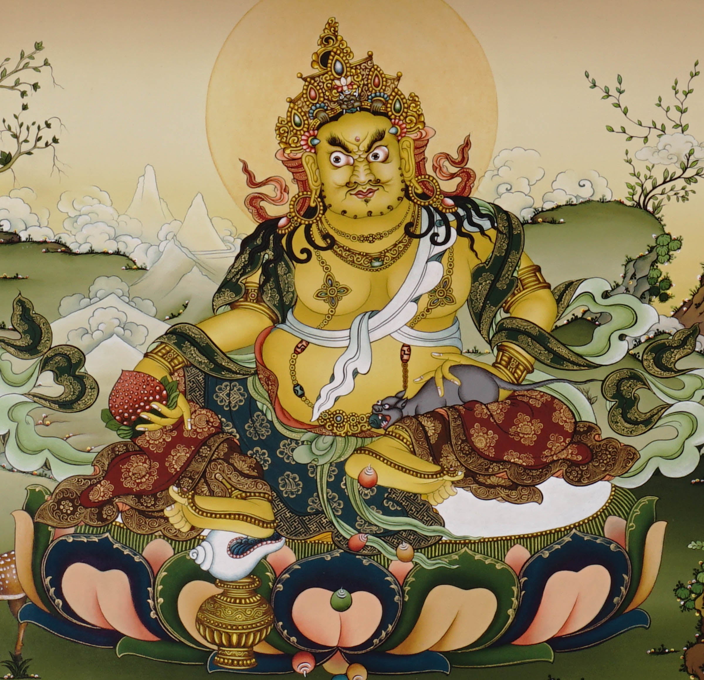 Hand-painted Yellow Dzambhala thangka showing Tibetan wealth deity seated on lotus throne holding mongoose and citron, with gold detailing and Himalayan landscape background.
