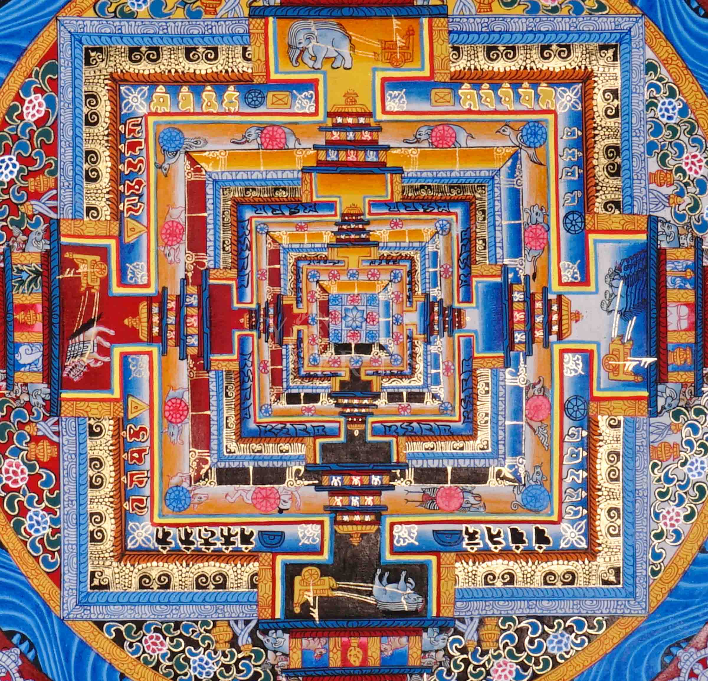 Hand painted Kalachakra Mandala thangka with vibrant Tibetan Wheel of Time palace design and concentric protective mantra rings