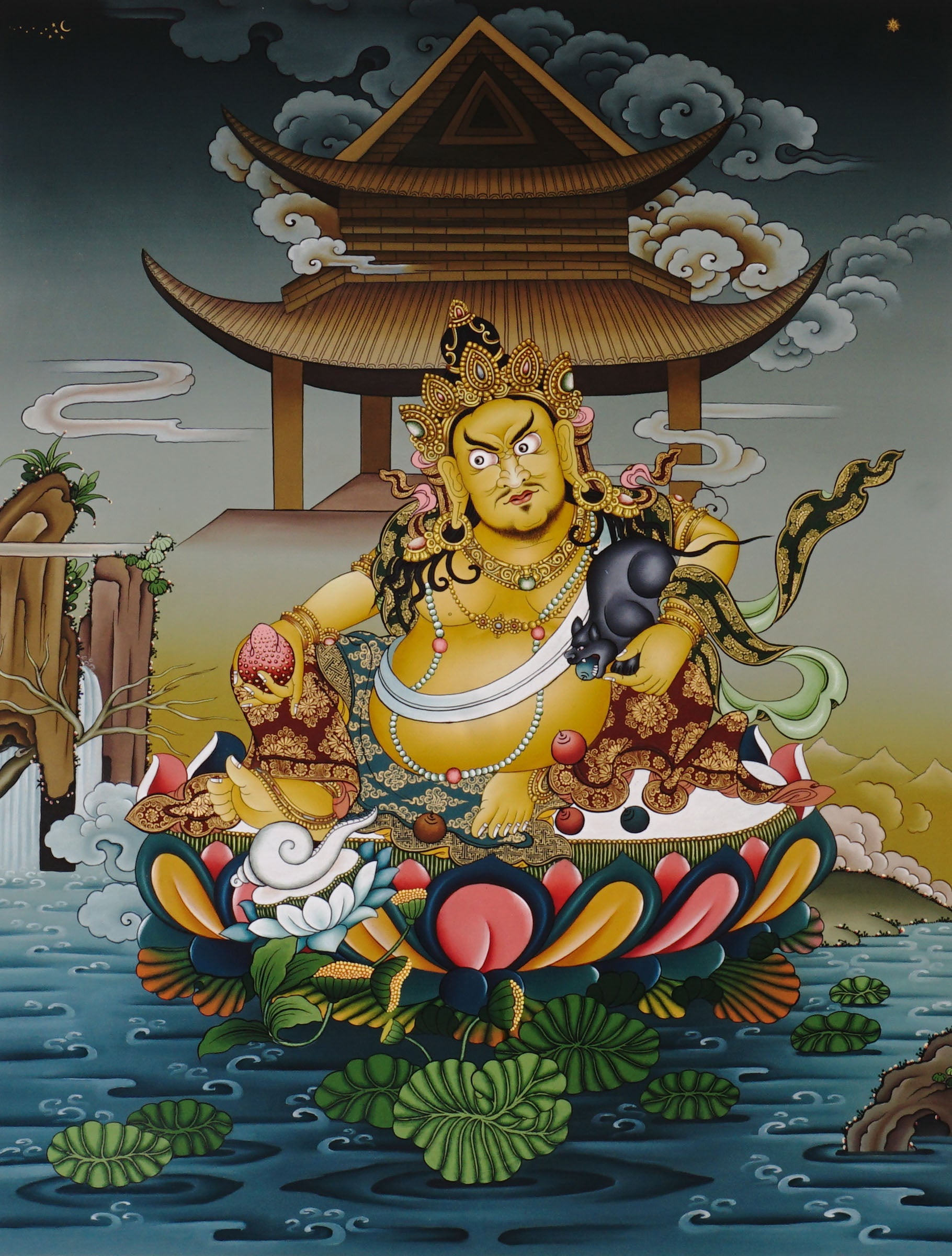 Hand-painted Yellow Dzambhala thangka showing Tibetan wealth deity seated on lotus throne above water holding mongoose and citron, with temple pavilion background and gold detailing.
