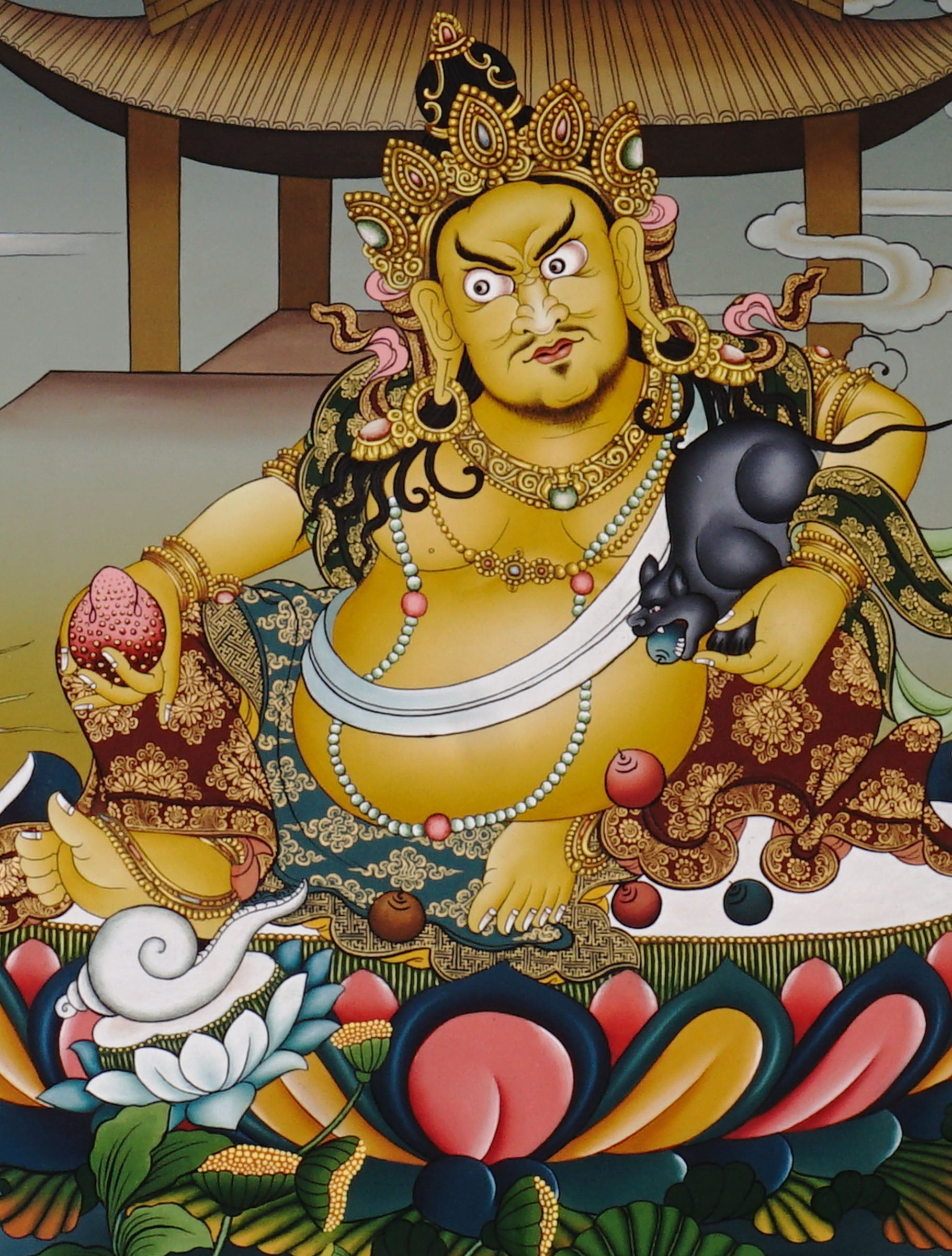 Hand-painted Yellow Dzambhala thangka showing Tibetan wealth deity seated on lotus throne above water holding mongoose and citron, with temple pavilion background and gold detailing.