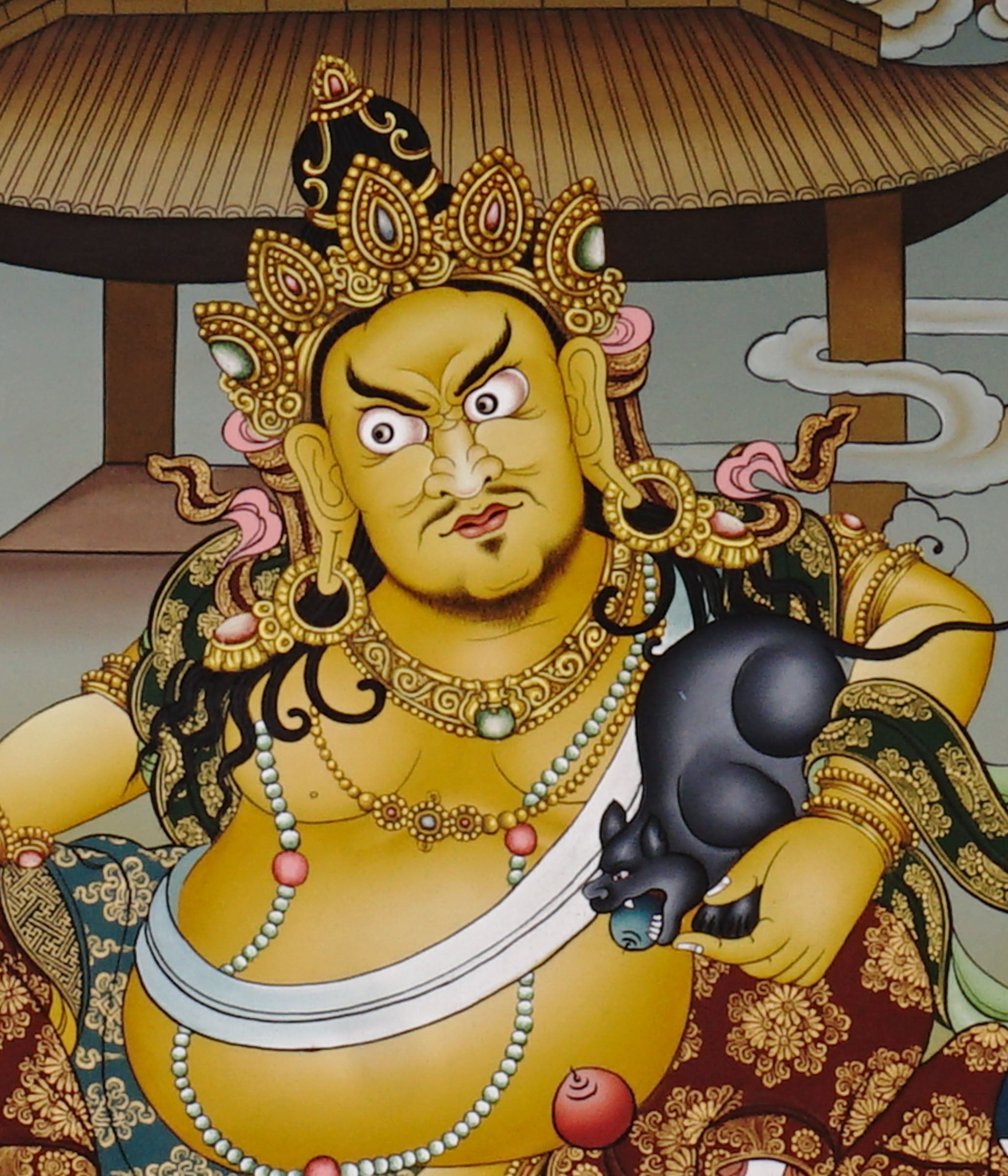 Hand-painted Yellow Dzambhala thangka showing Tibetan wealth deity seated on lotus throne above water holding mongoose and citron, with temple pavilion background and gold detailing.