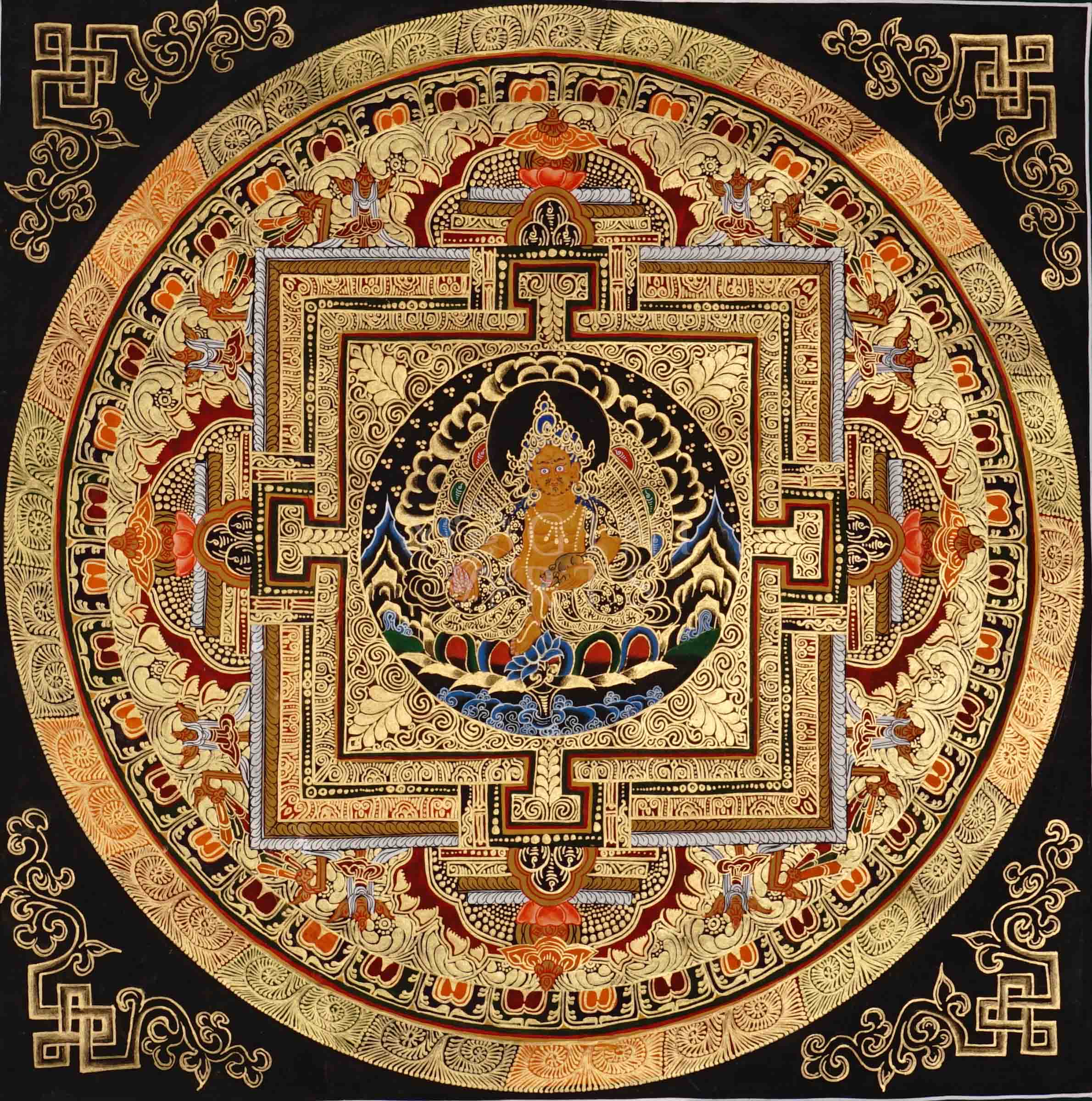 Hand painted Zambhala Mandala thangka depicting Tibetan wealth deity seated within sacred geometric palace on black background