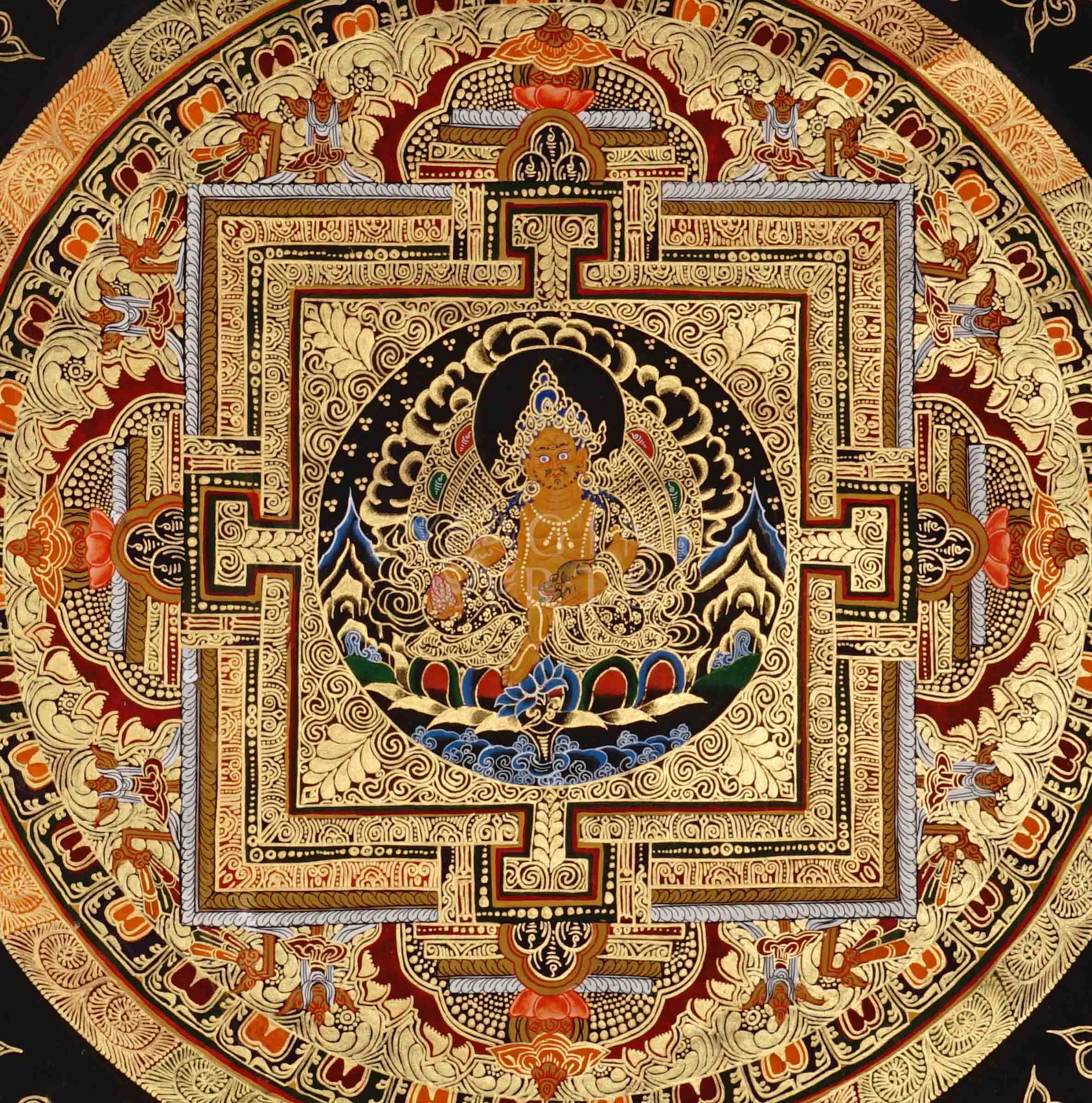 Hand painted Zambhala Mandala thangka depicting Tibetan wealth deity seated within sacred geometric palace on black background